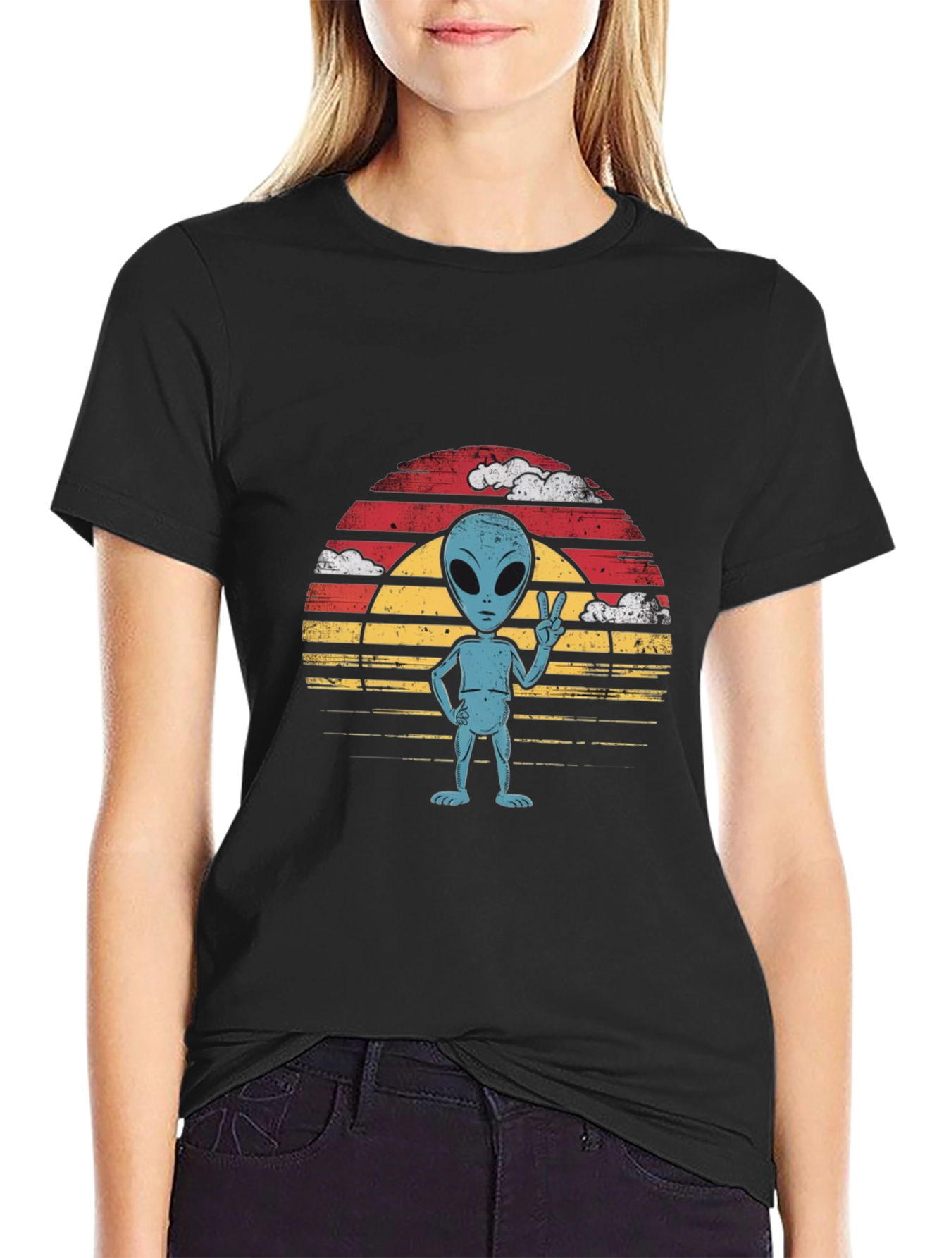 Retro Alien Peace Sign Graphic Tee - Black