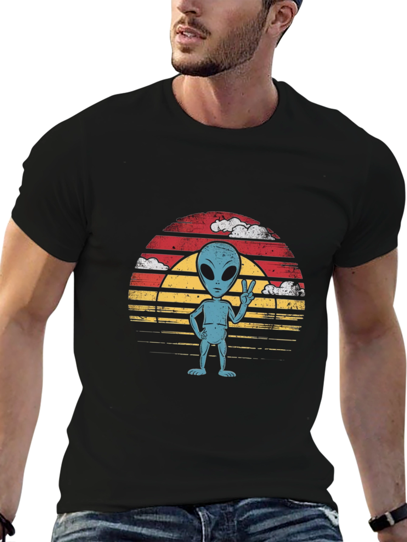 Retro Alien Peace Sign Graphic Tee - Black