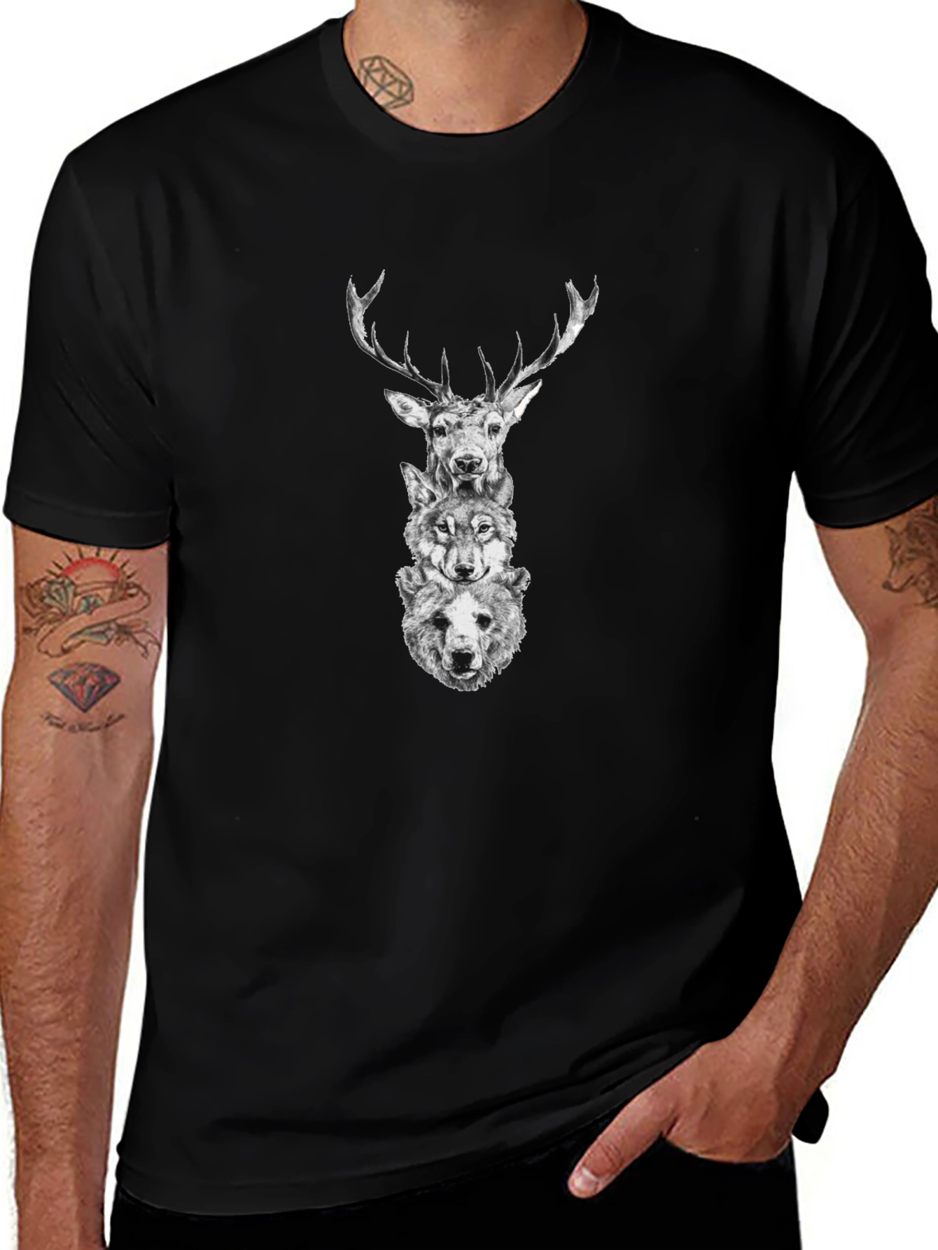 Animal Stack Graphic Tee - Deer Wolf Bear Print