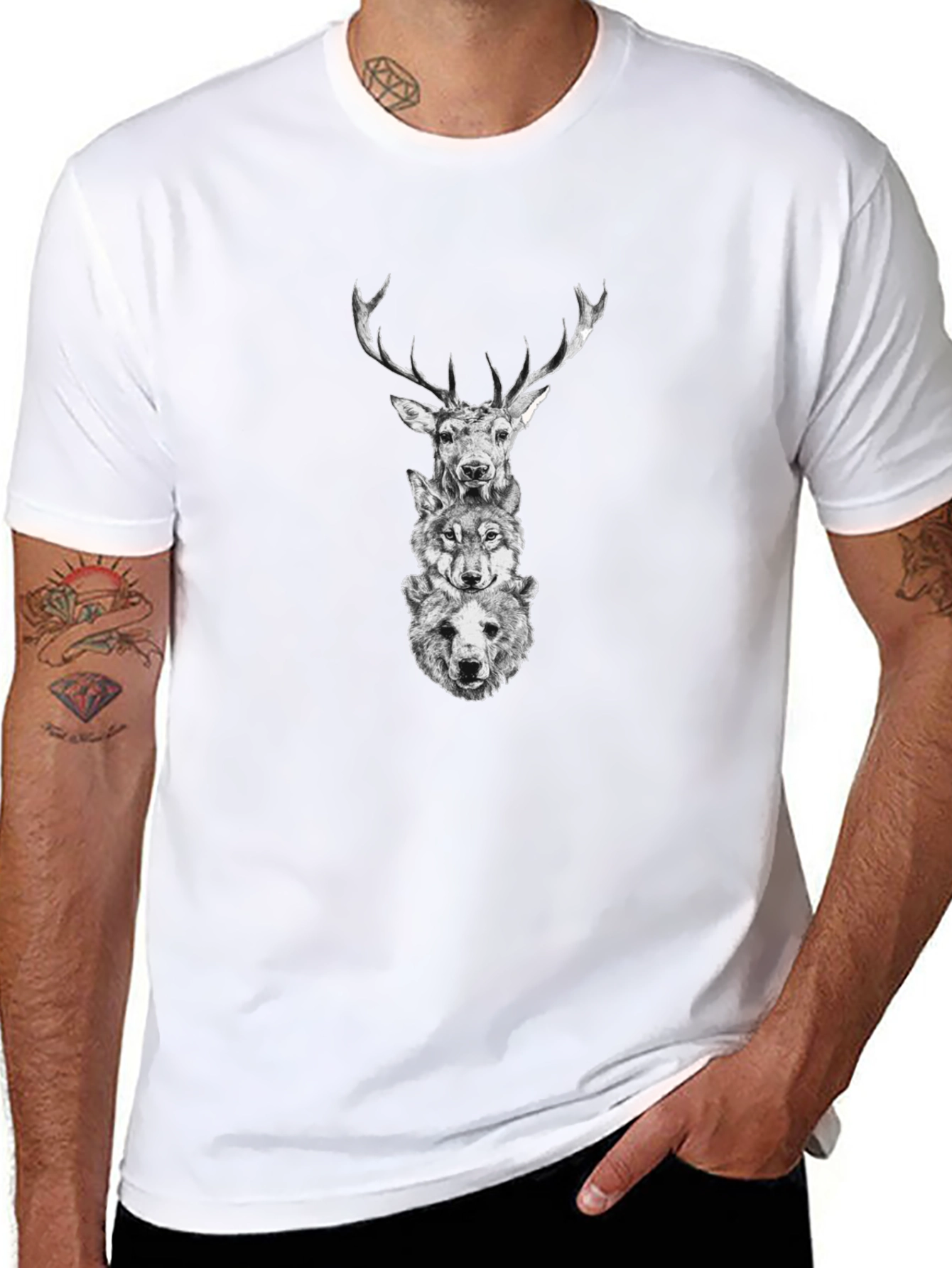 Animal Stack Graphic Tee - Deer Wolf Bear Print