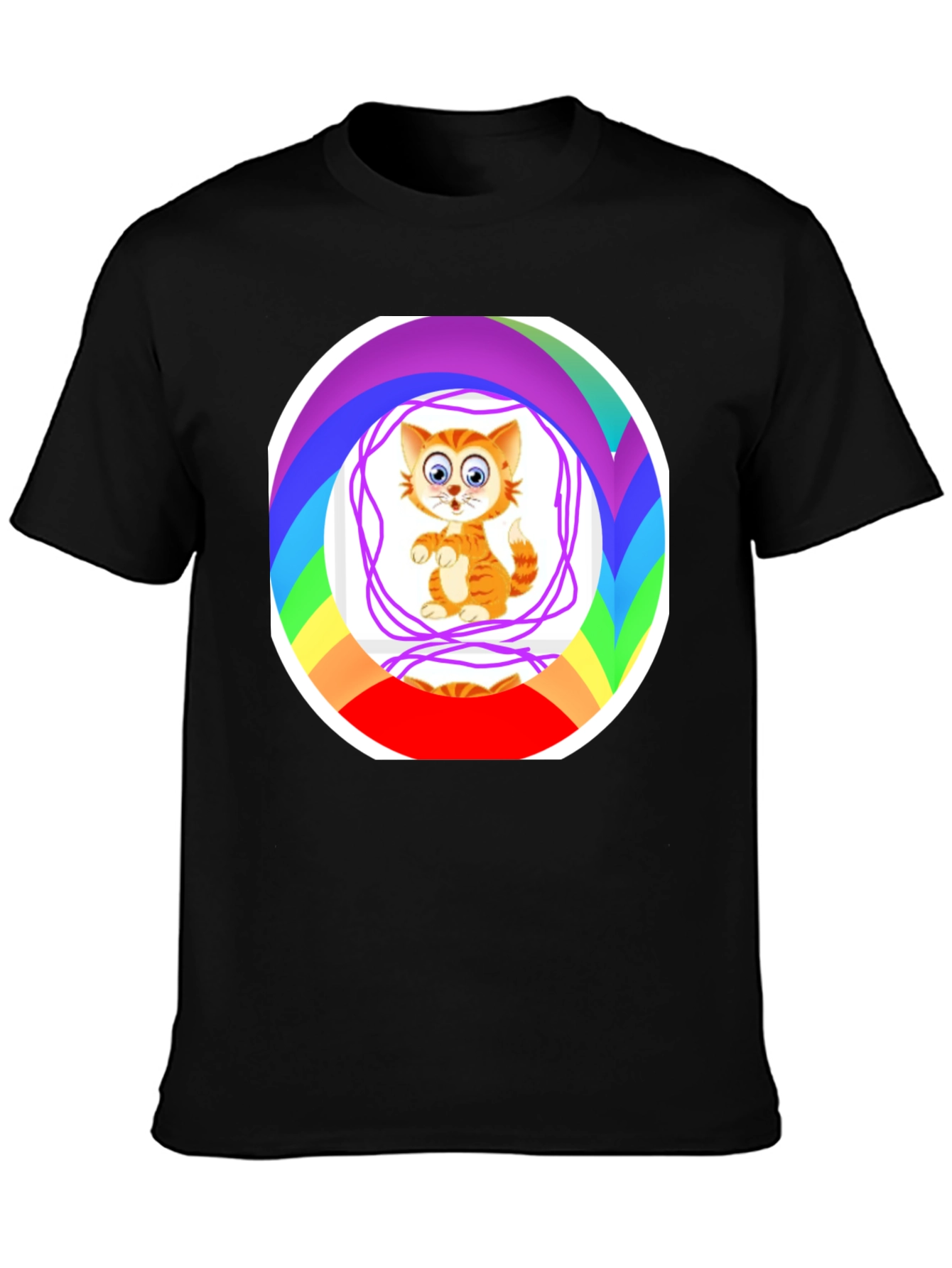 Cartoon Cat Rainbow Circle Graphic Black T-Shirt