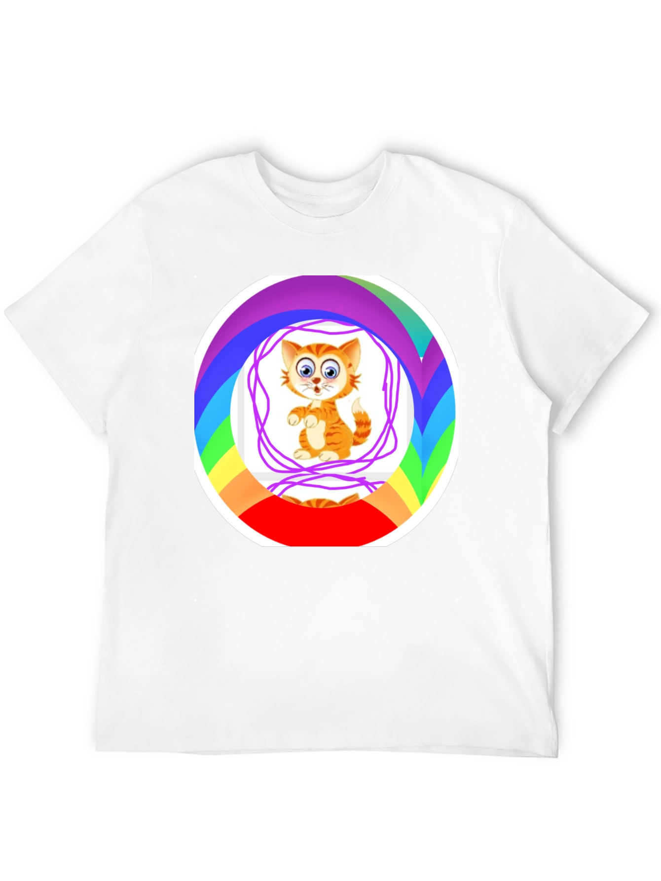 Cartoon Cat Rainbow Circle Graphic Black T-Shirt
