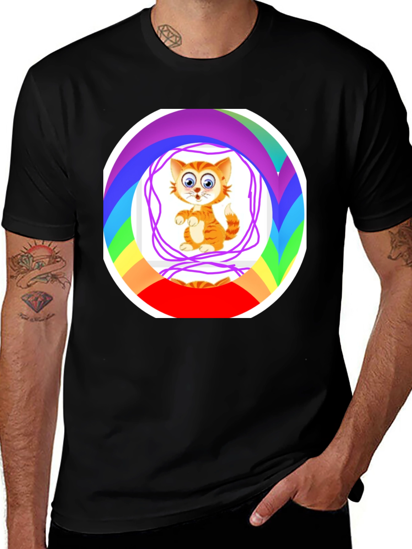Cartoon Cat Rainbow Circle Graphic Black T-Shirt
