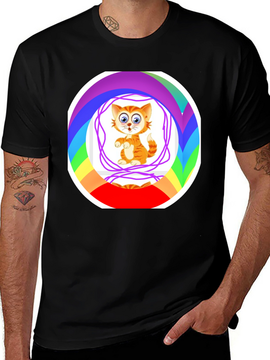 Cartoon Cat Rainbow Circle Graphic Black T-Shirt