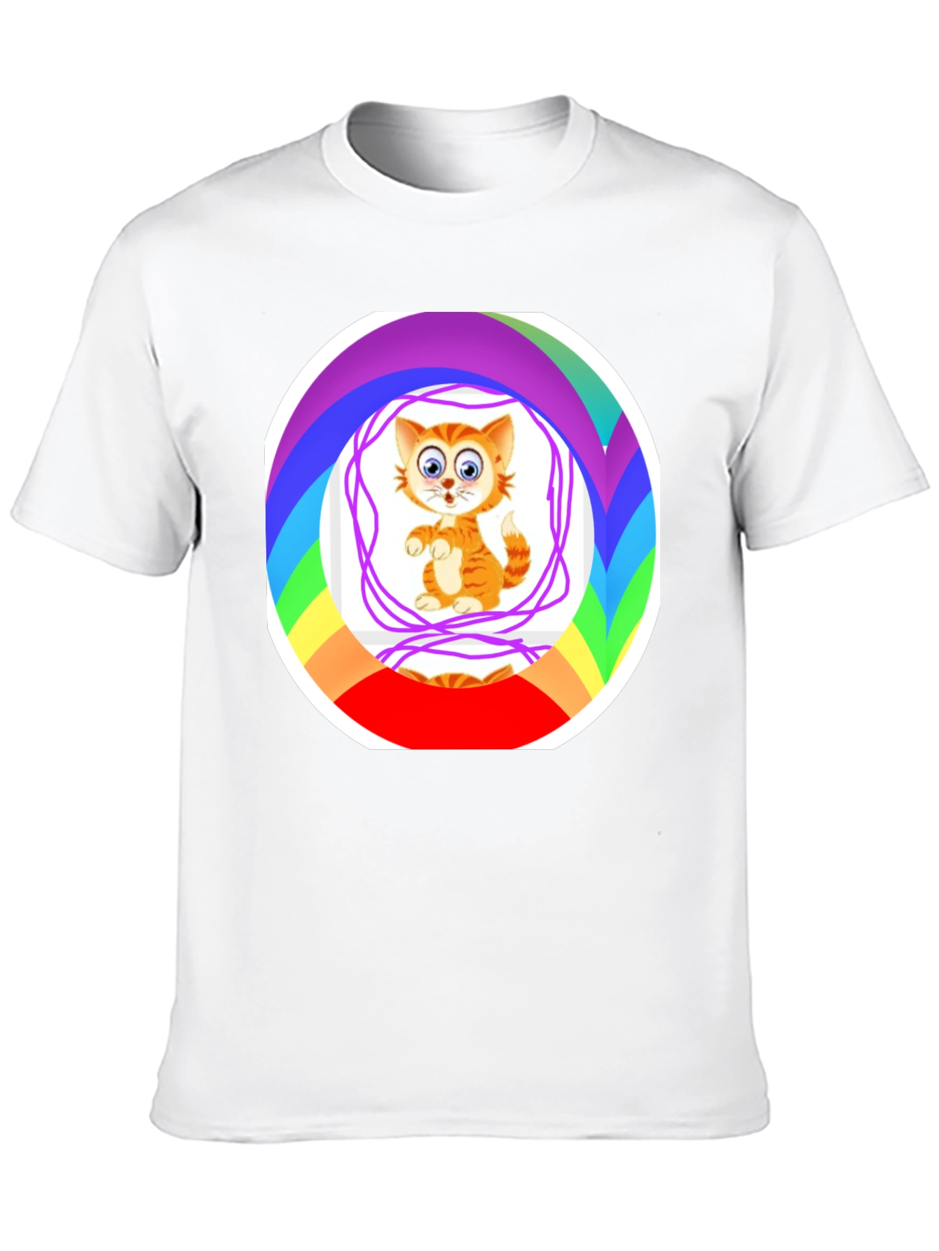 Cartoon Cat Rainbow Circle Graphic Black T-Shirt