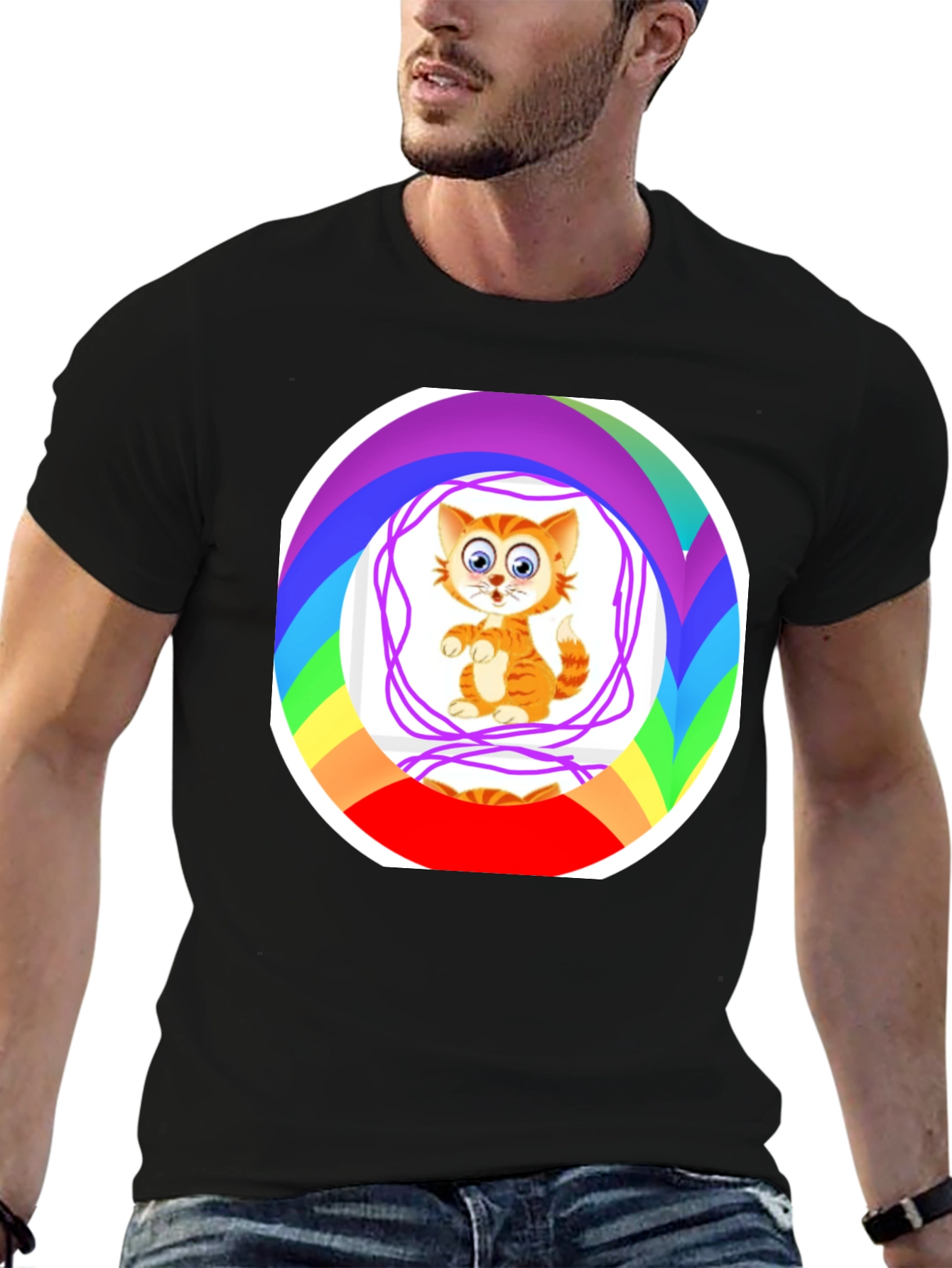 Cartoon Cat Rainbow Circle Graphic Black T-Shirt