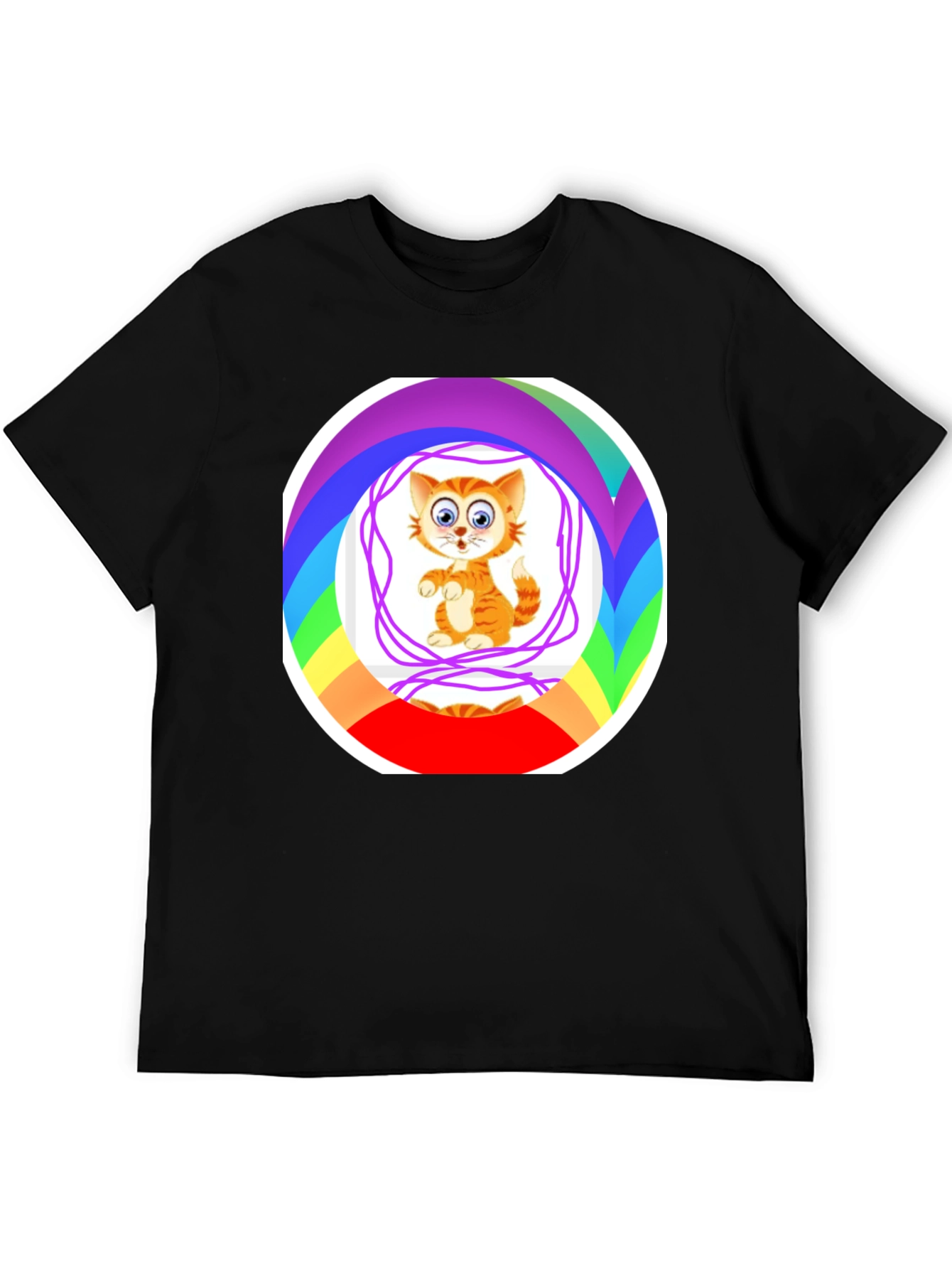 Cartoon Cat Rainbow Circle Graphic Black T-Shirt
