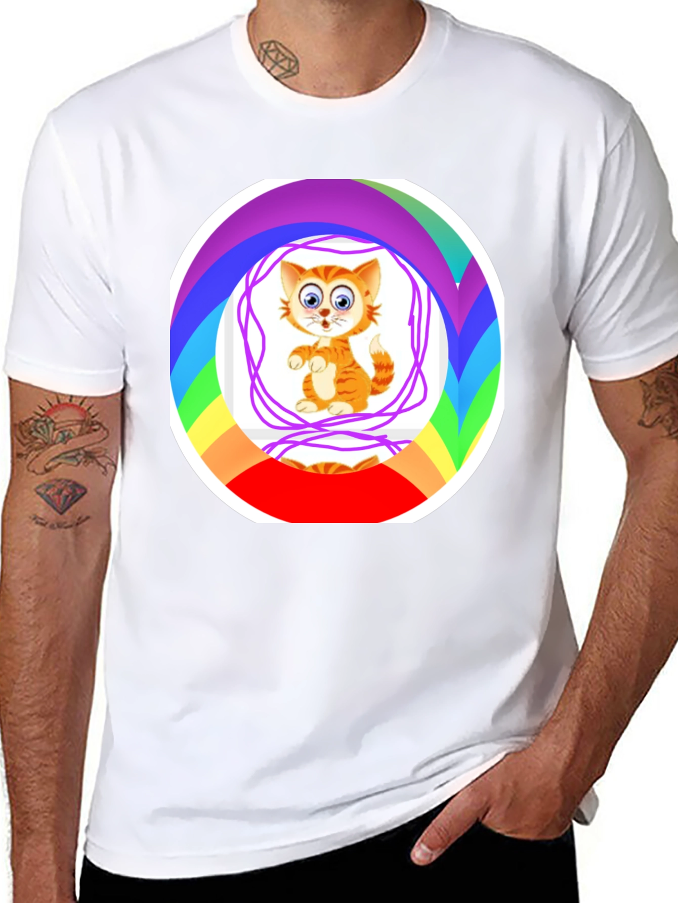 Cartoon Cat Rainbow Circle Graphic Black T-Shirt