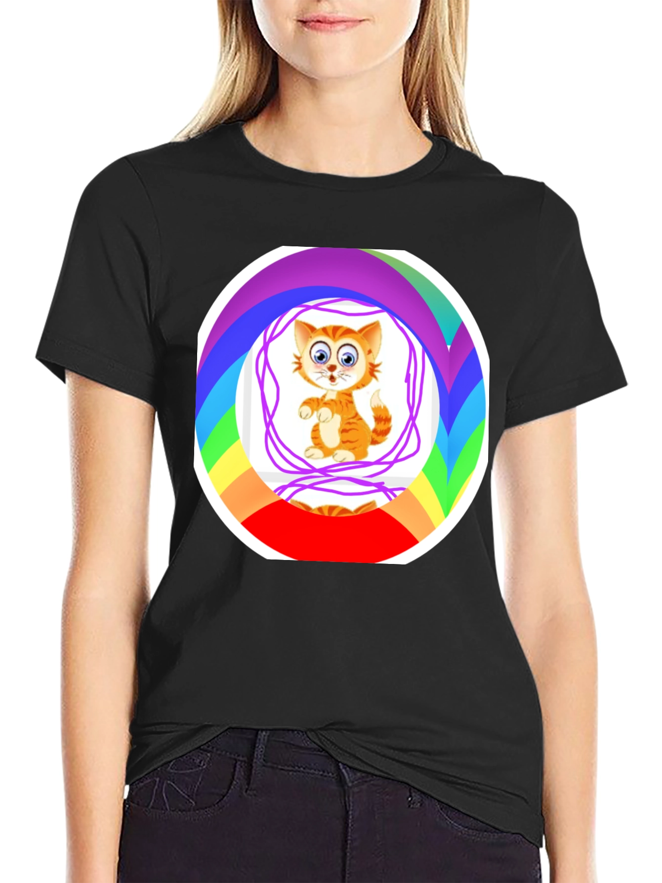 Cartoon Cat Rainbow Circle Graphic Black T-Shirt