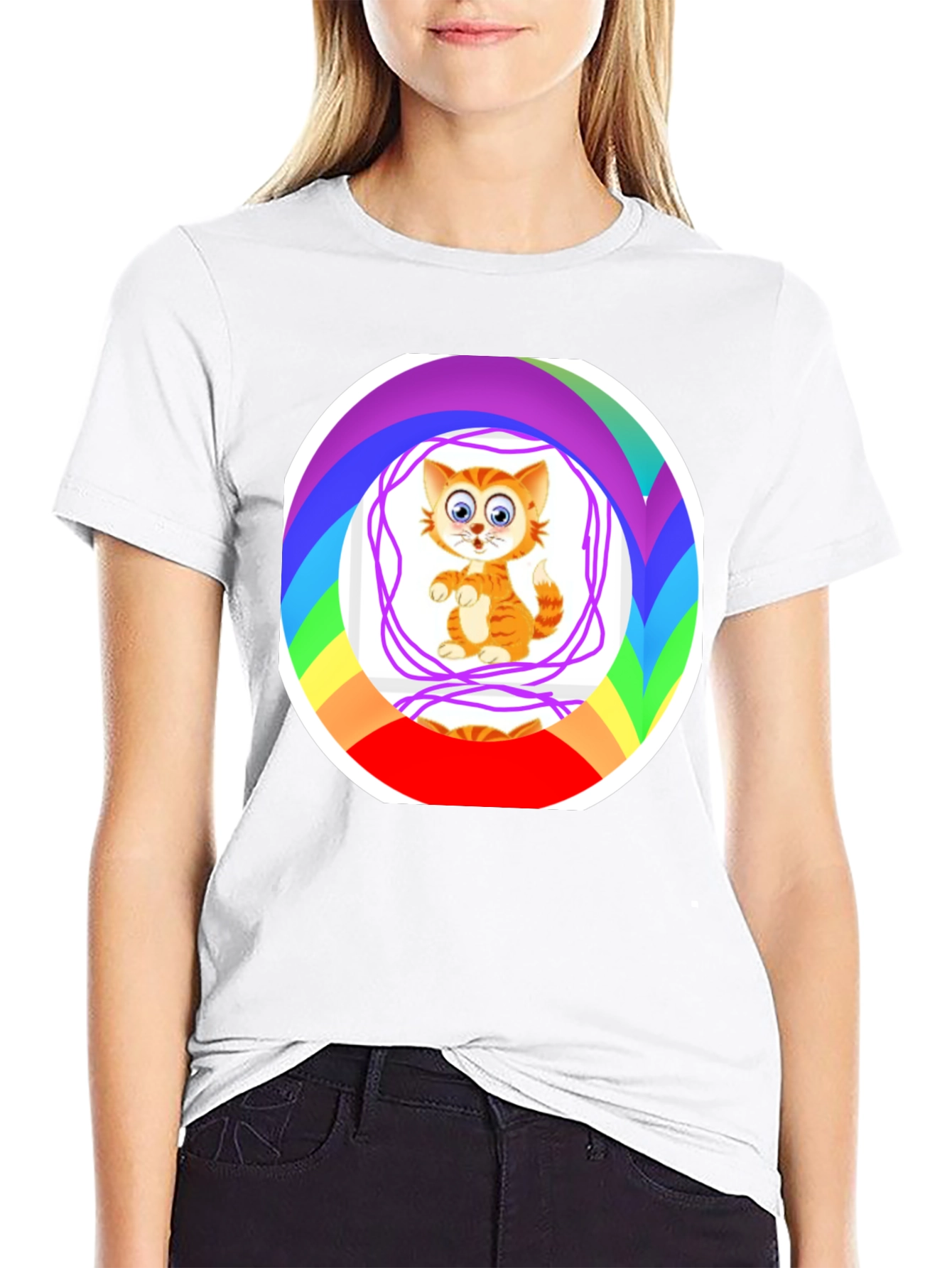 Cartoon Cat Rainbow Circle Graphic Black T-Shirt