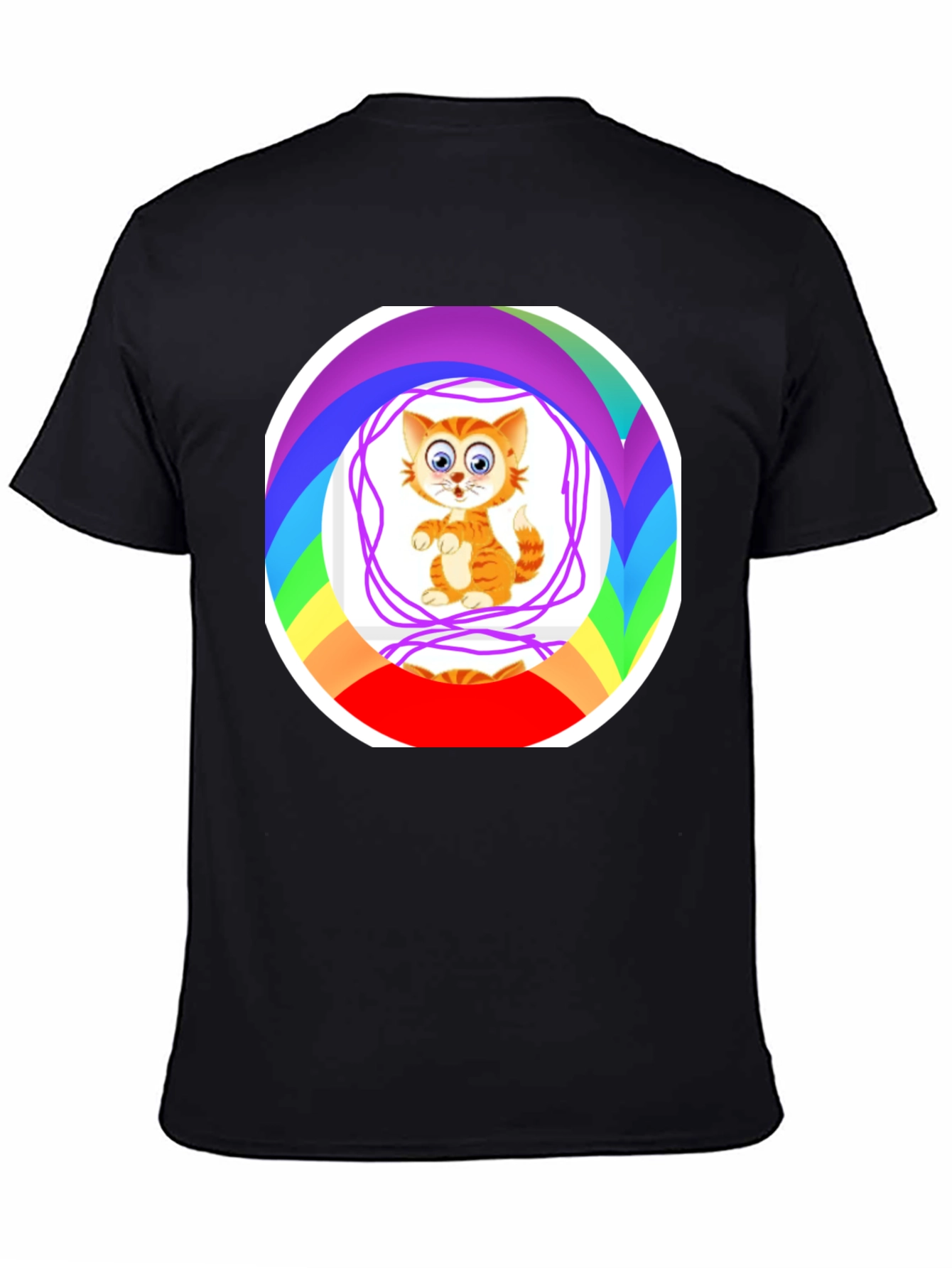 Cartoon Cat Rainbow Circle Graphic Black T-Shirt