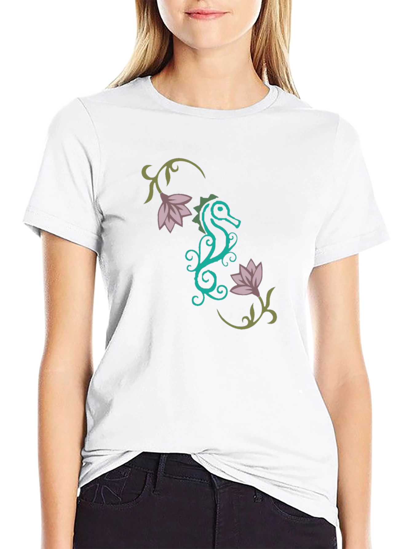 Stylish Seahorse Floral Graphic T-Shirt