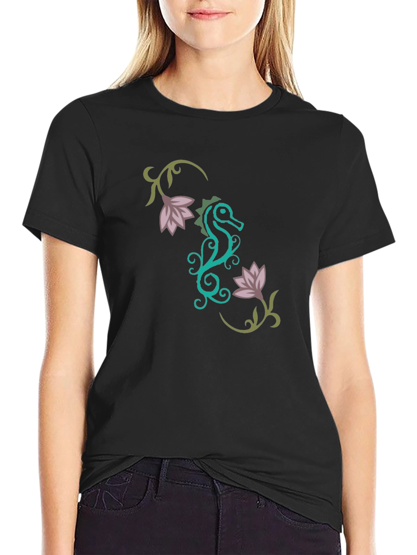 Stylish Seahorse Floral Graphic T-Shirt