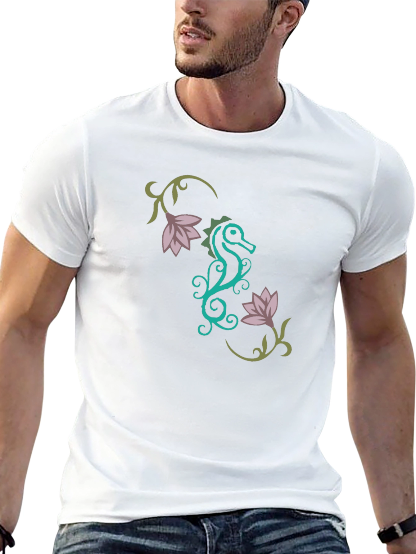 Stylish Seahorse Floral Graphic T-Shirt