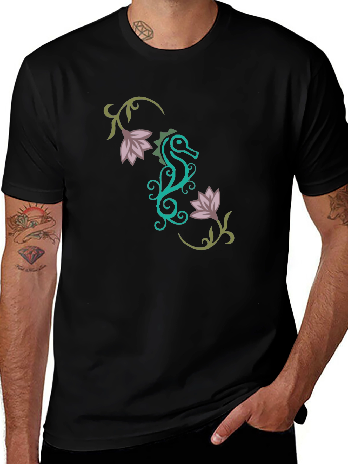Stylish Seahorse Floral Graphic T-Shirt