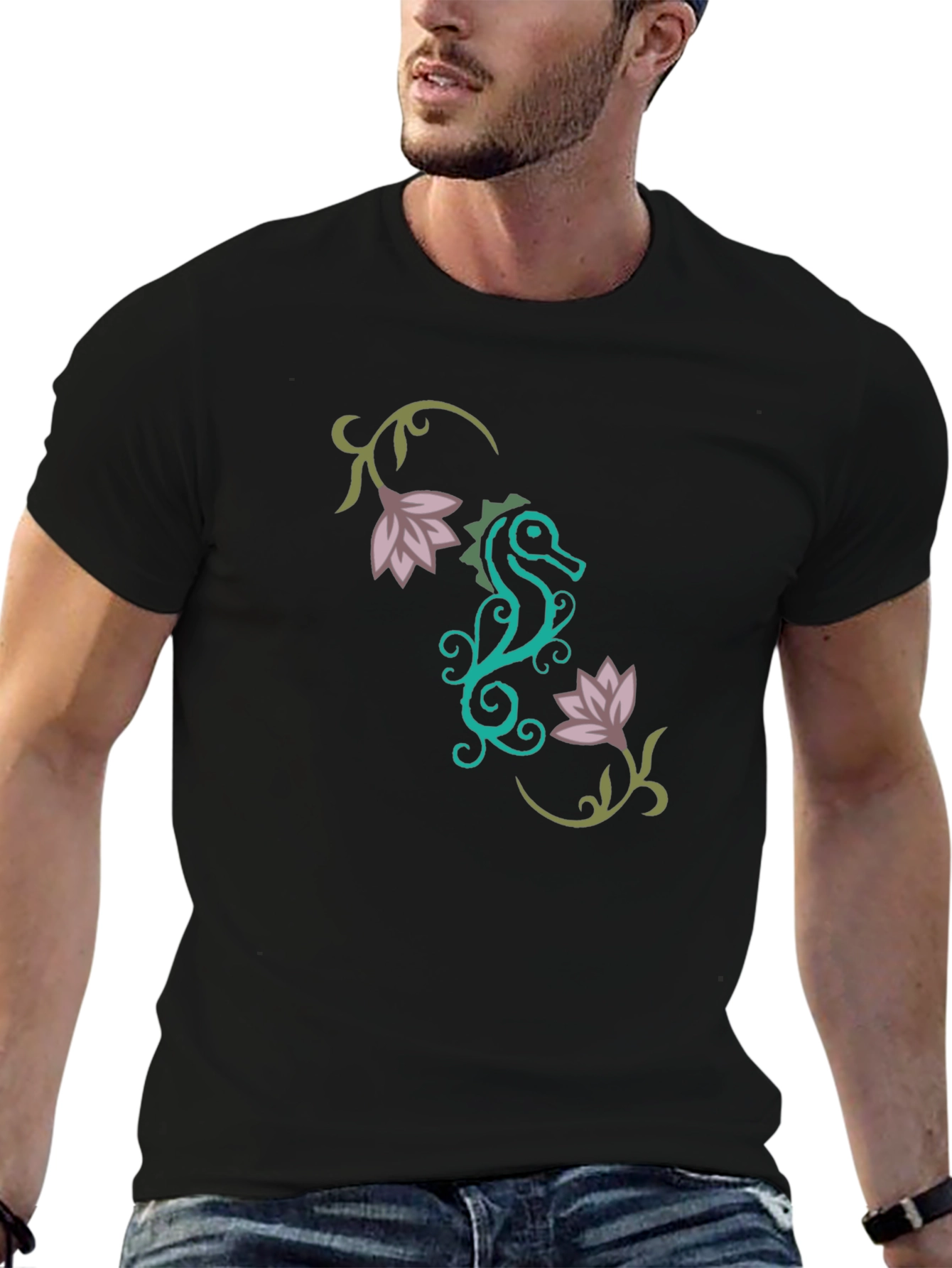 Stylish Seahorse Floral Graphic T-Shirt