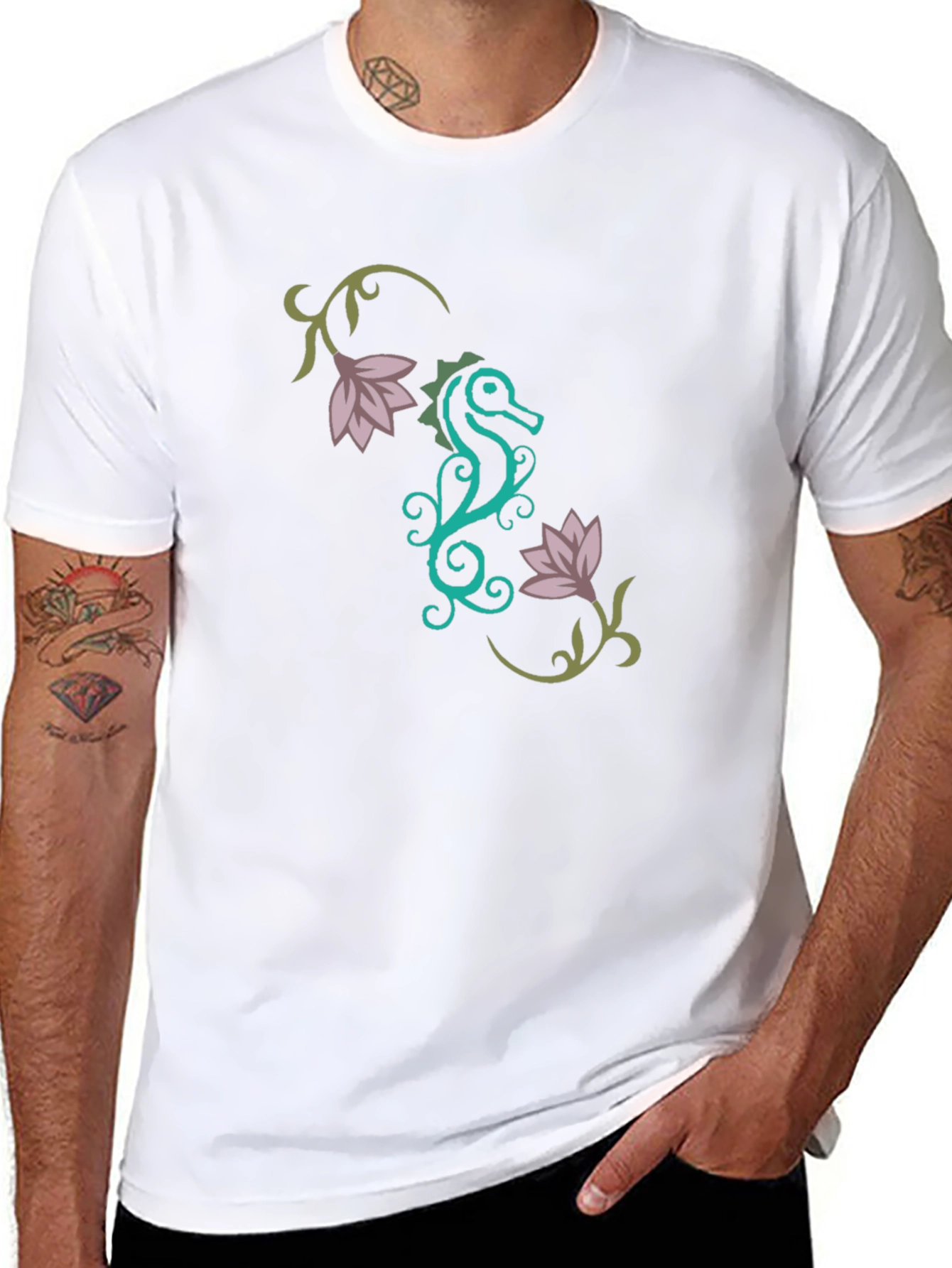 Stylish Seahorse Floral Graphic T-Shirt
