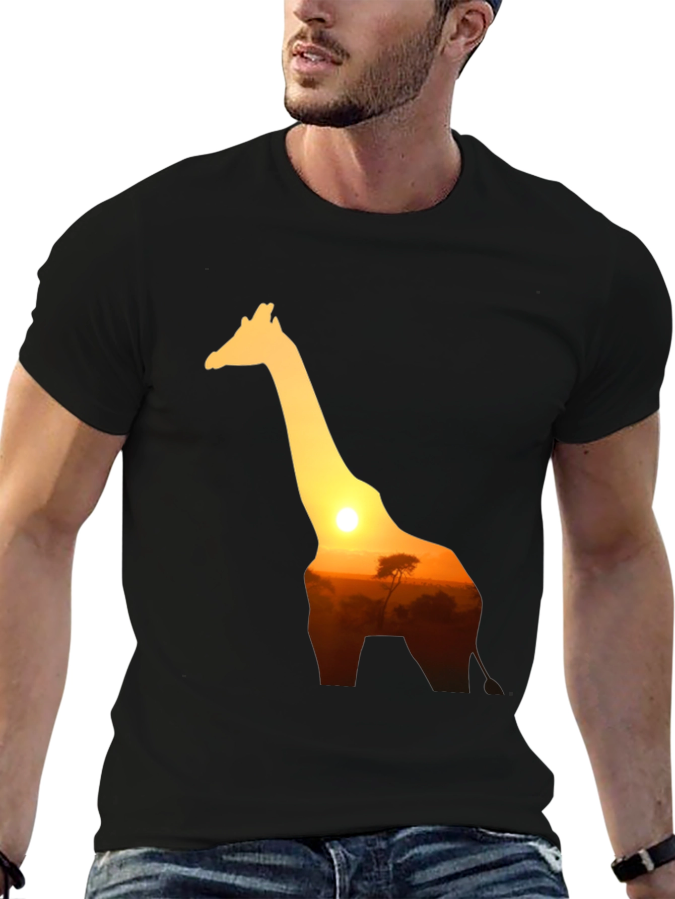 Giraffe Sunset Graphic Tee - Black Cotton T-Shirt