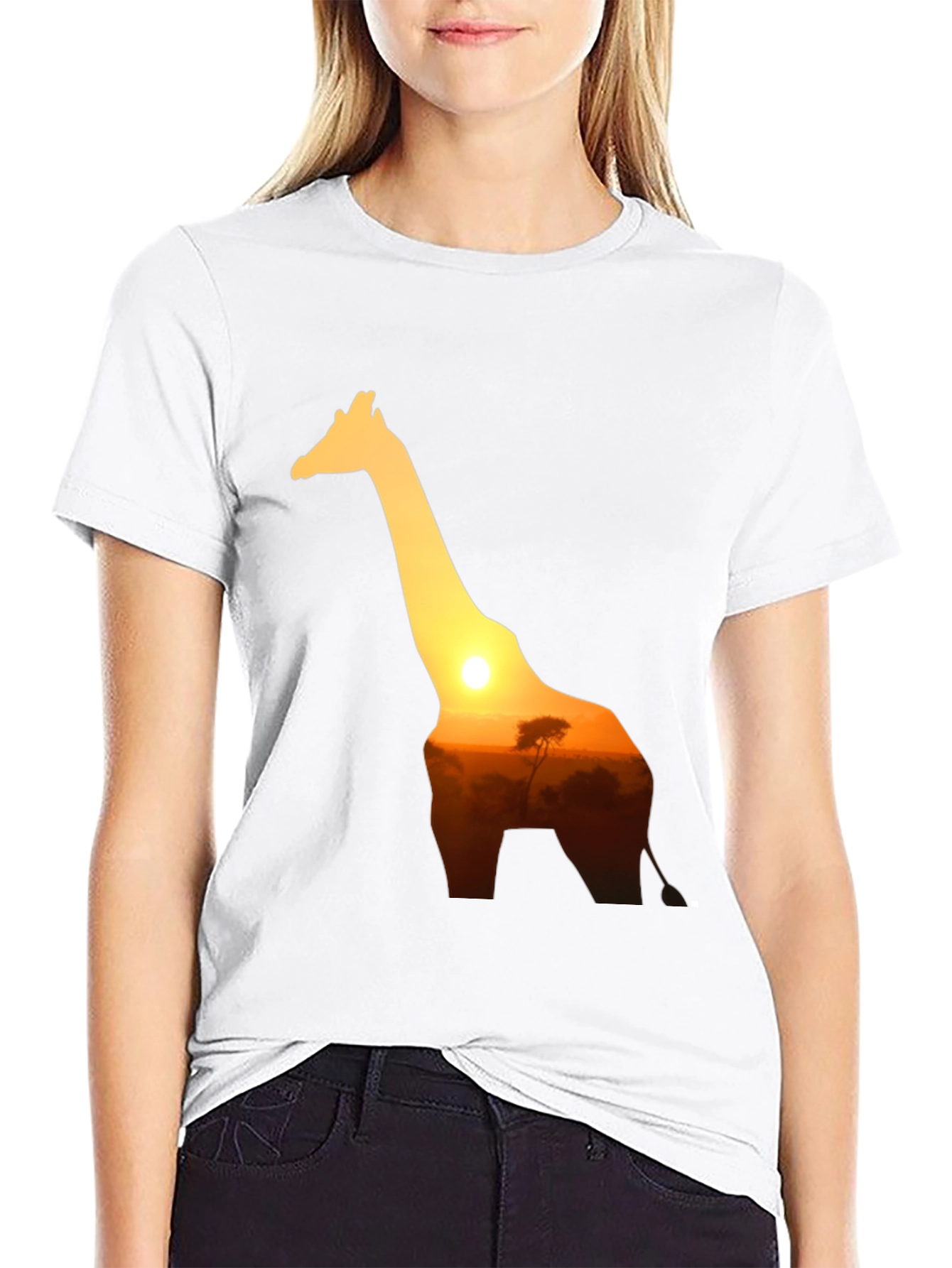 Giraffe Sunset Graphic Tee - Black Cotton T-Shirt