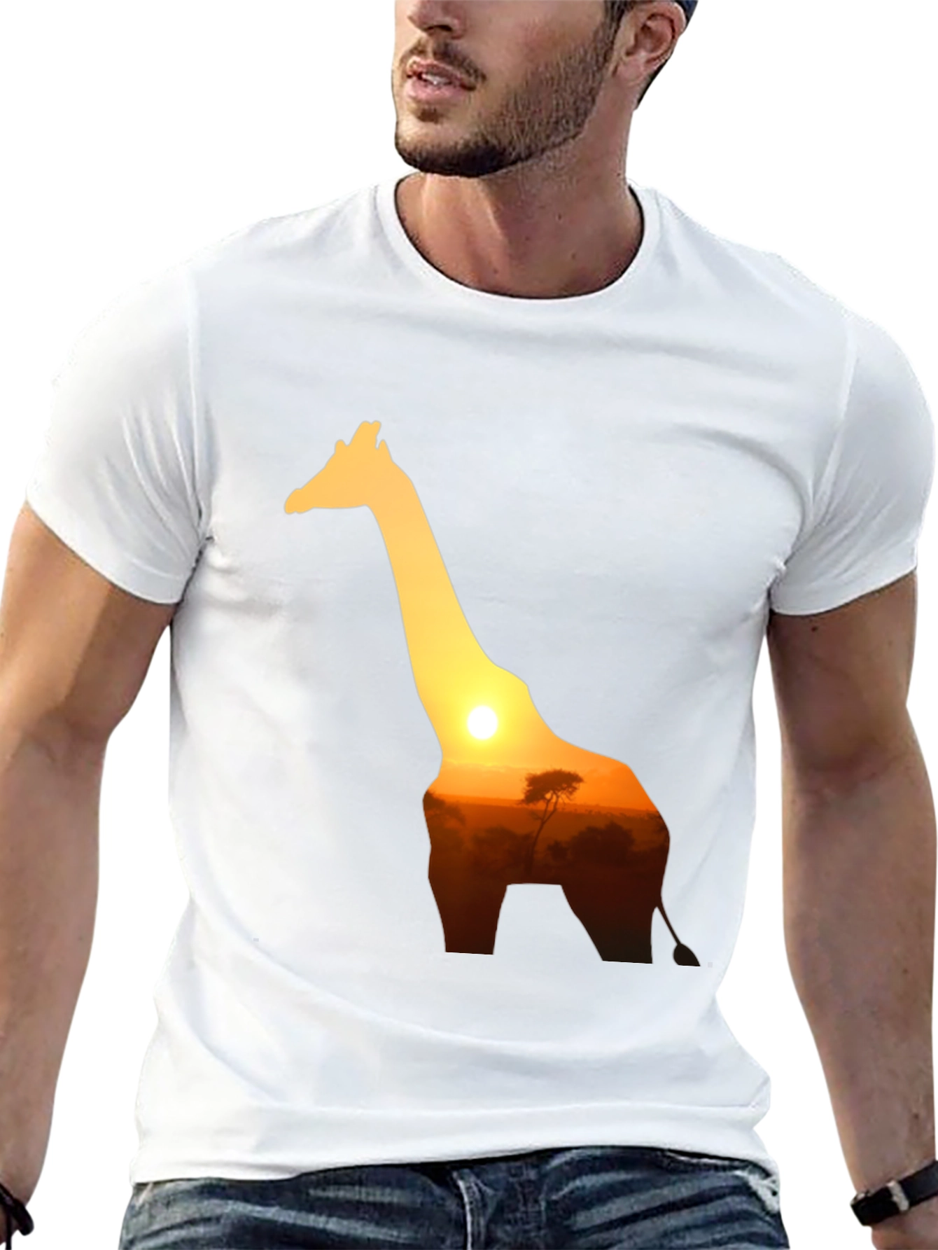 Giraffe Sunset Graphic Tee - Black Cotton T-Shirt
