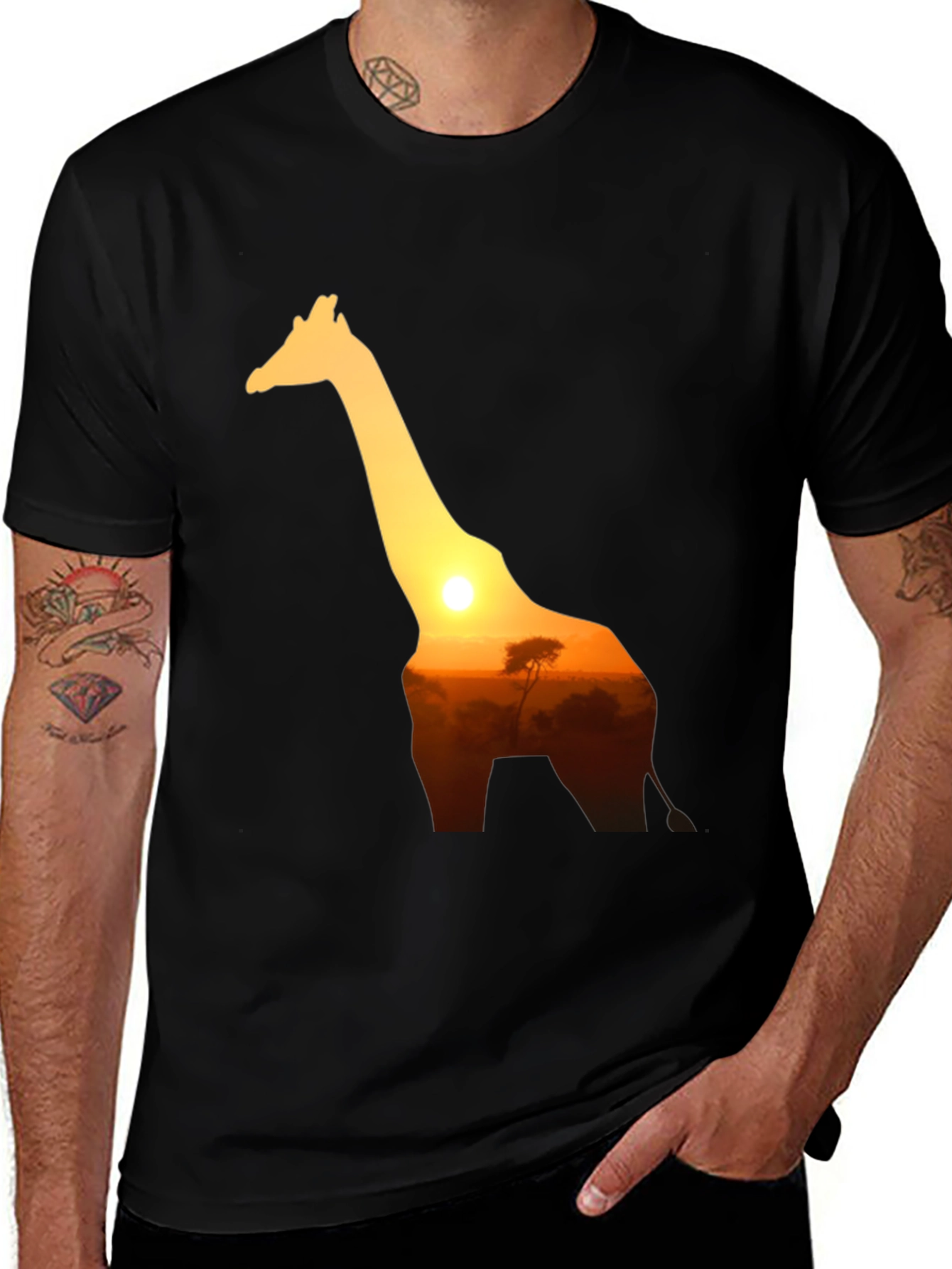 Giraffe Sunset Graphic Tee - Black Cotton T-Shirt