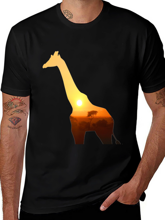 Giraffe Sunset Graphic Tee - Black Cotton T-Shirt
