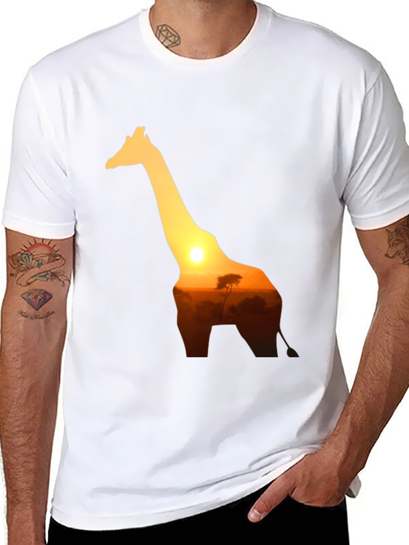 Giraffe Sunset Graphic Tee - Black Cotton T-Shirt