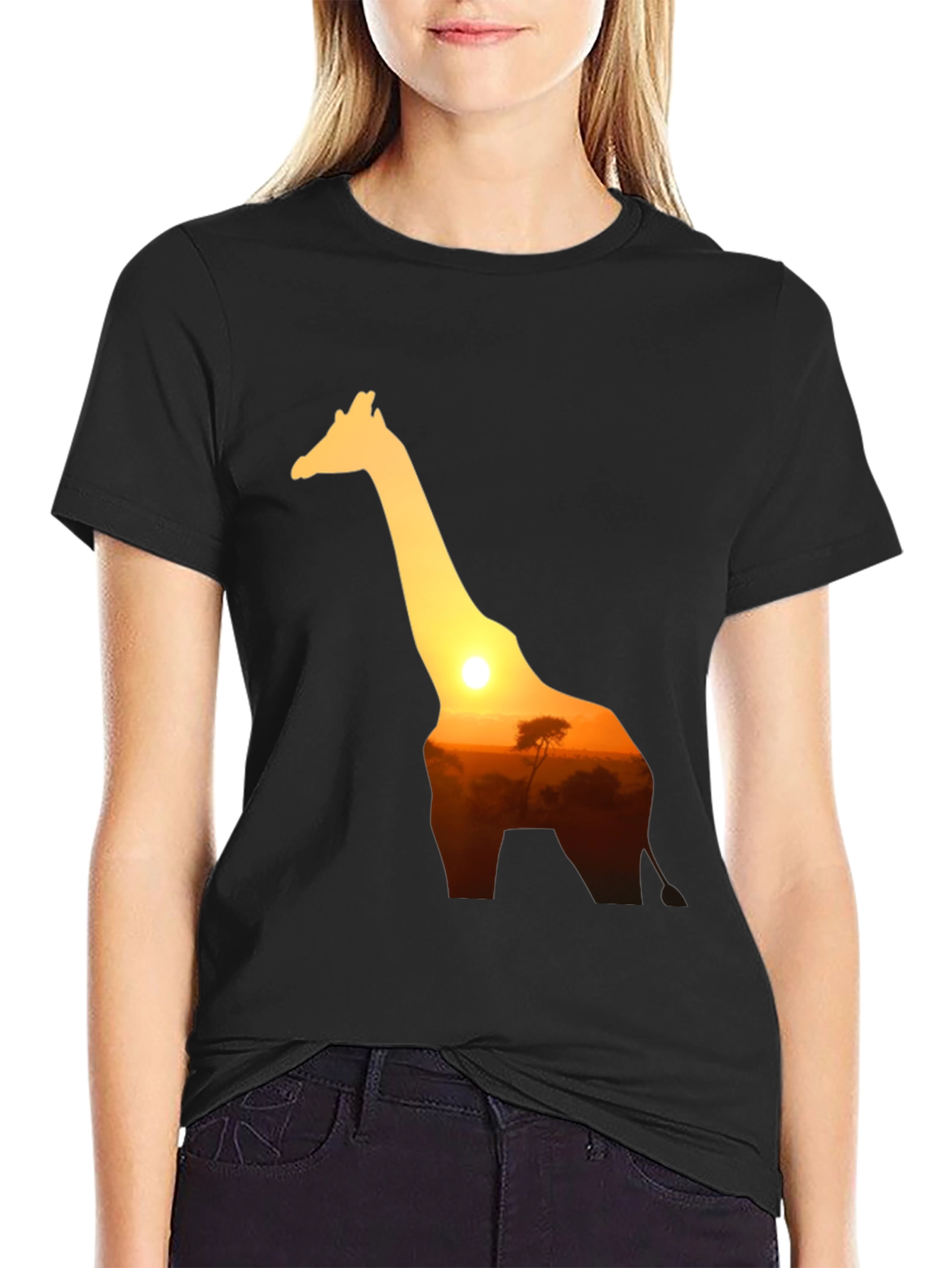 Giraffe Sunset Graphic Tee - Black Cotton T-Shirt