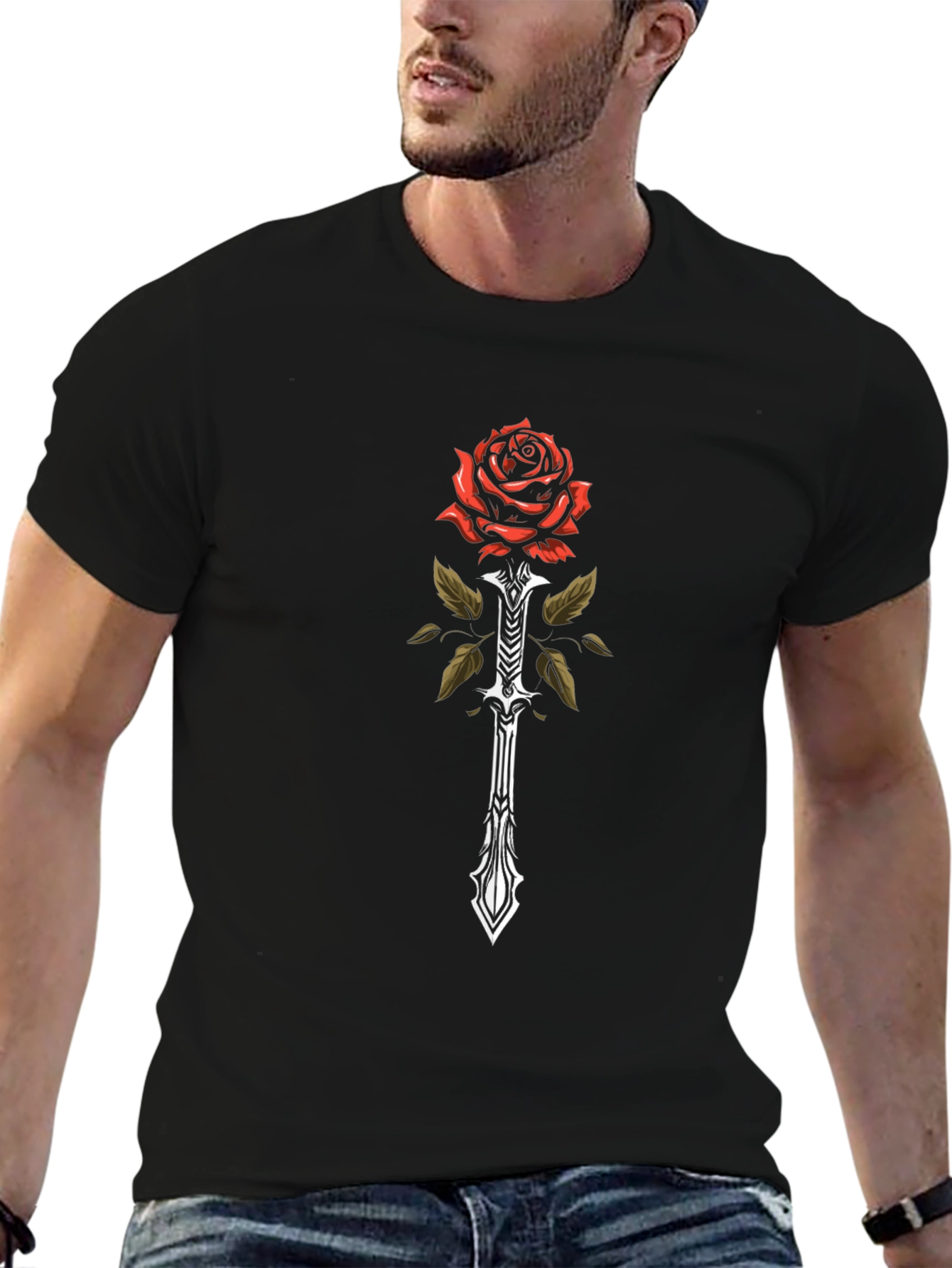 Rose and Sword Graphic Black T-Shirt