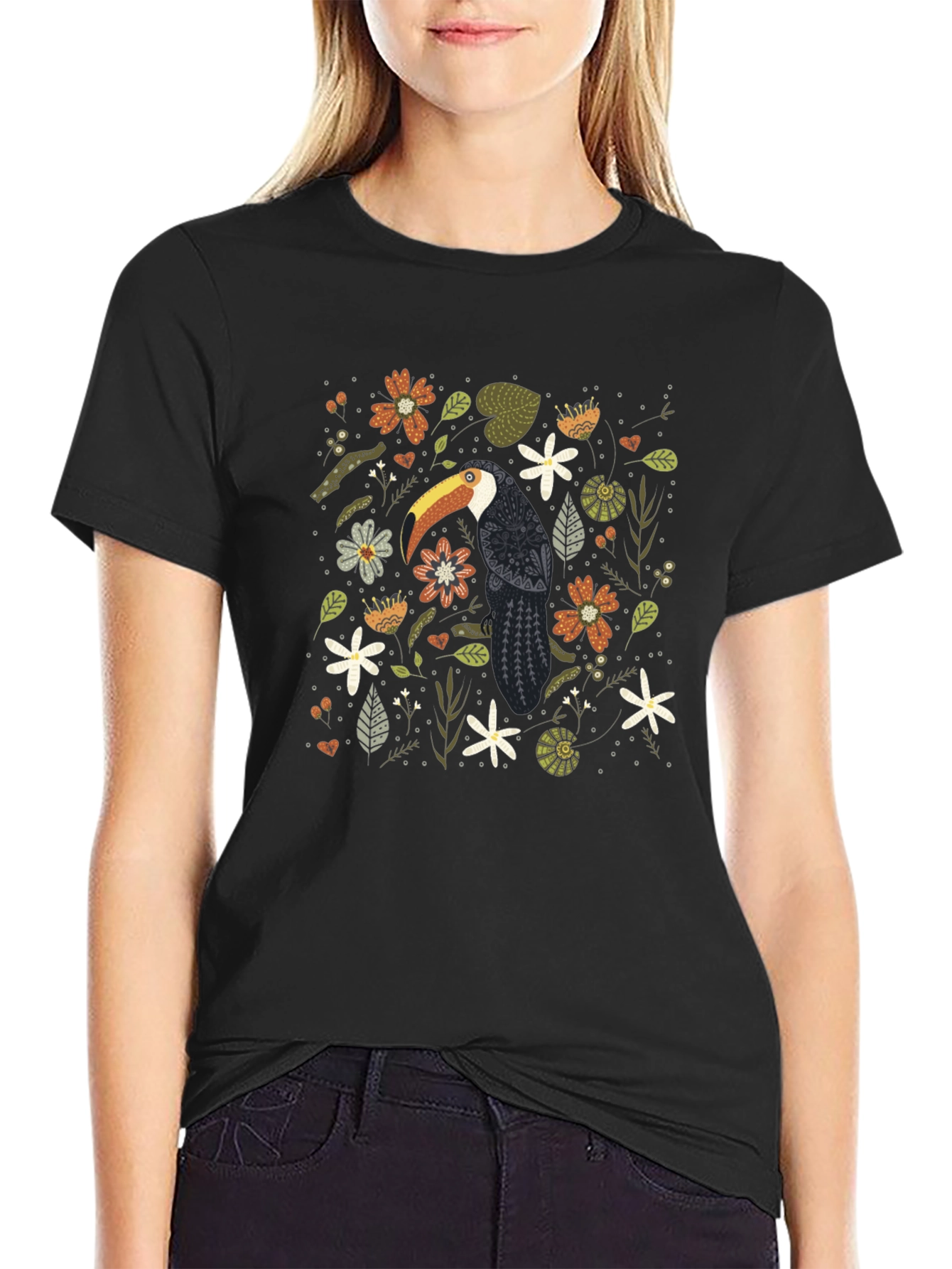 Toucan Floral Print Black T-Shirt