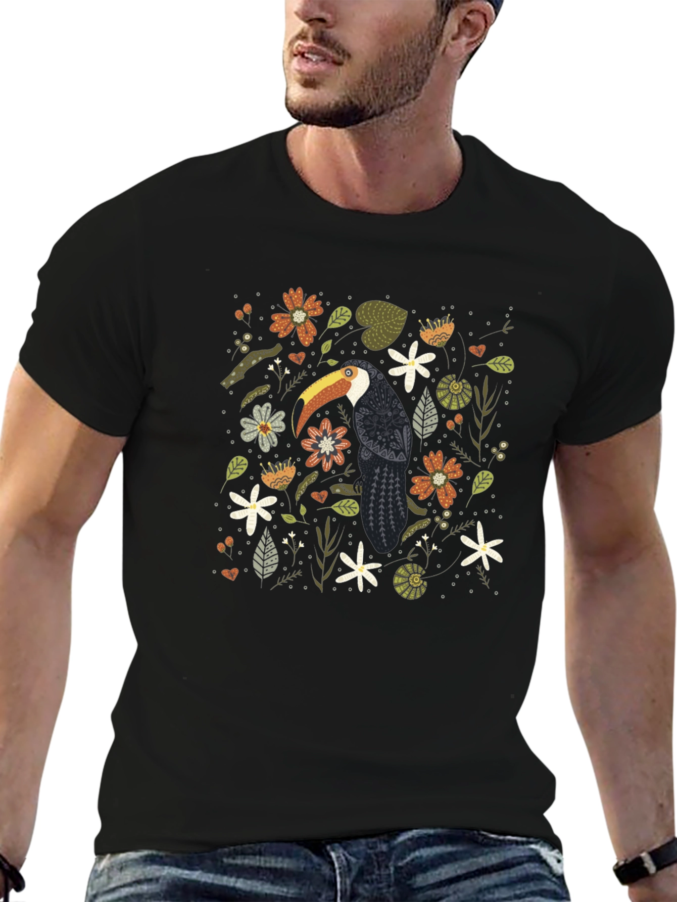 Toucan Floral Print Black T-Shirt