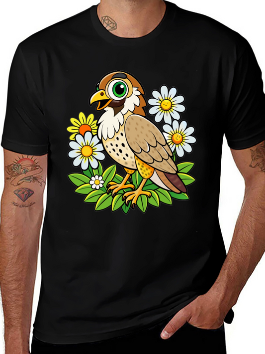 Cartoon Bird and Flower Graphic T-Shirt