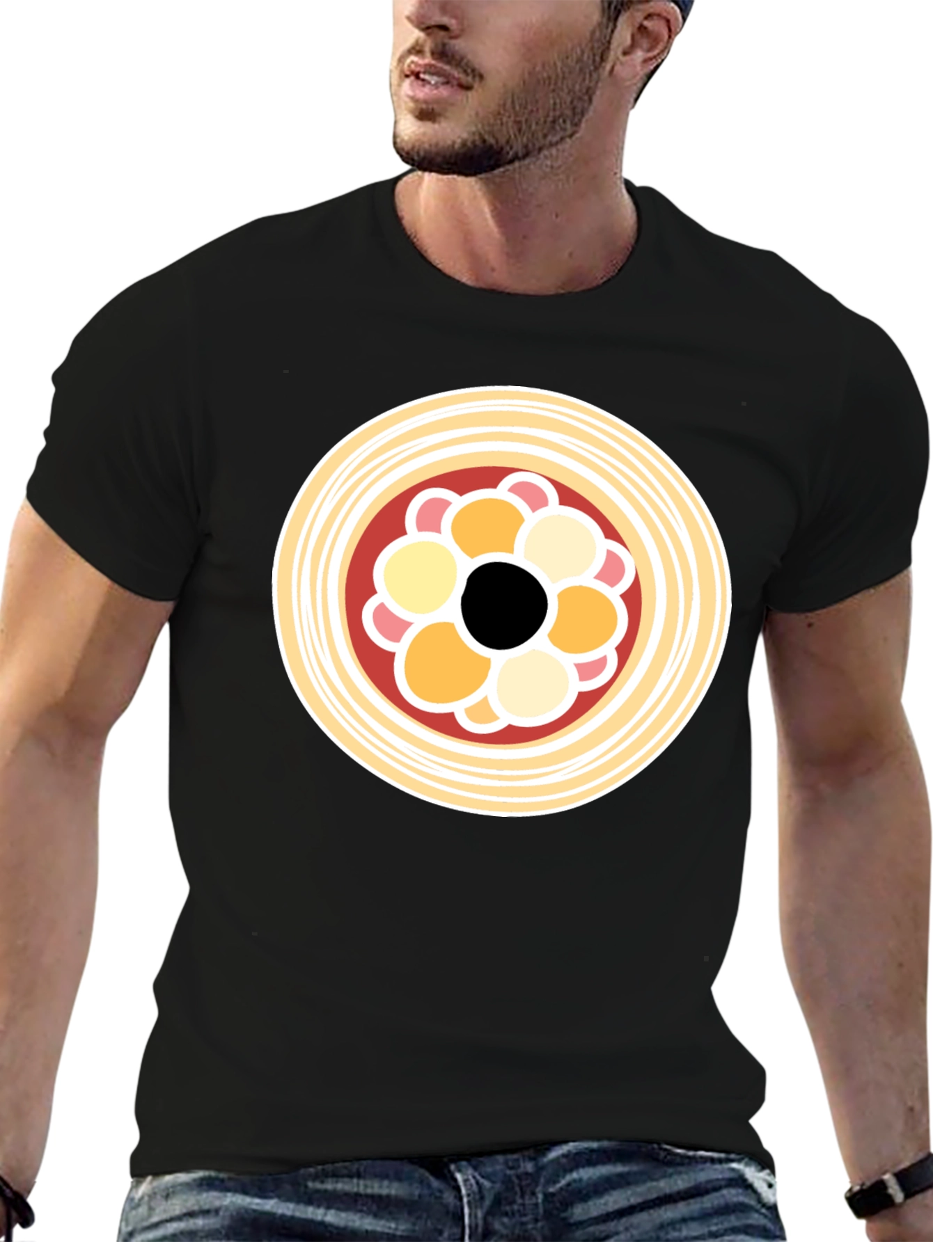 Black T-Shirt with Abstract Circle Food Graphic