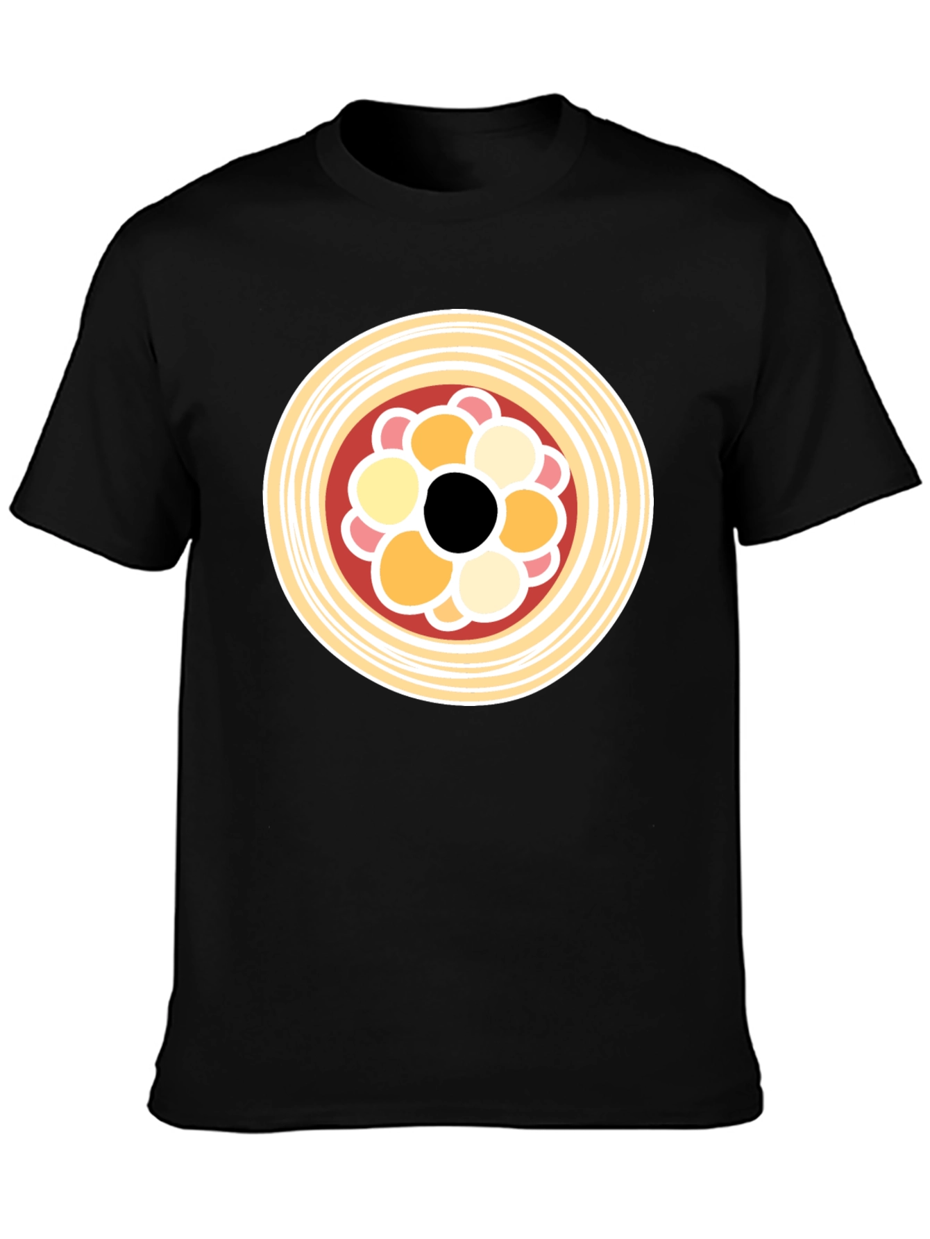 Black T-Shirt with Abstract Circle Food Graphic