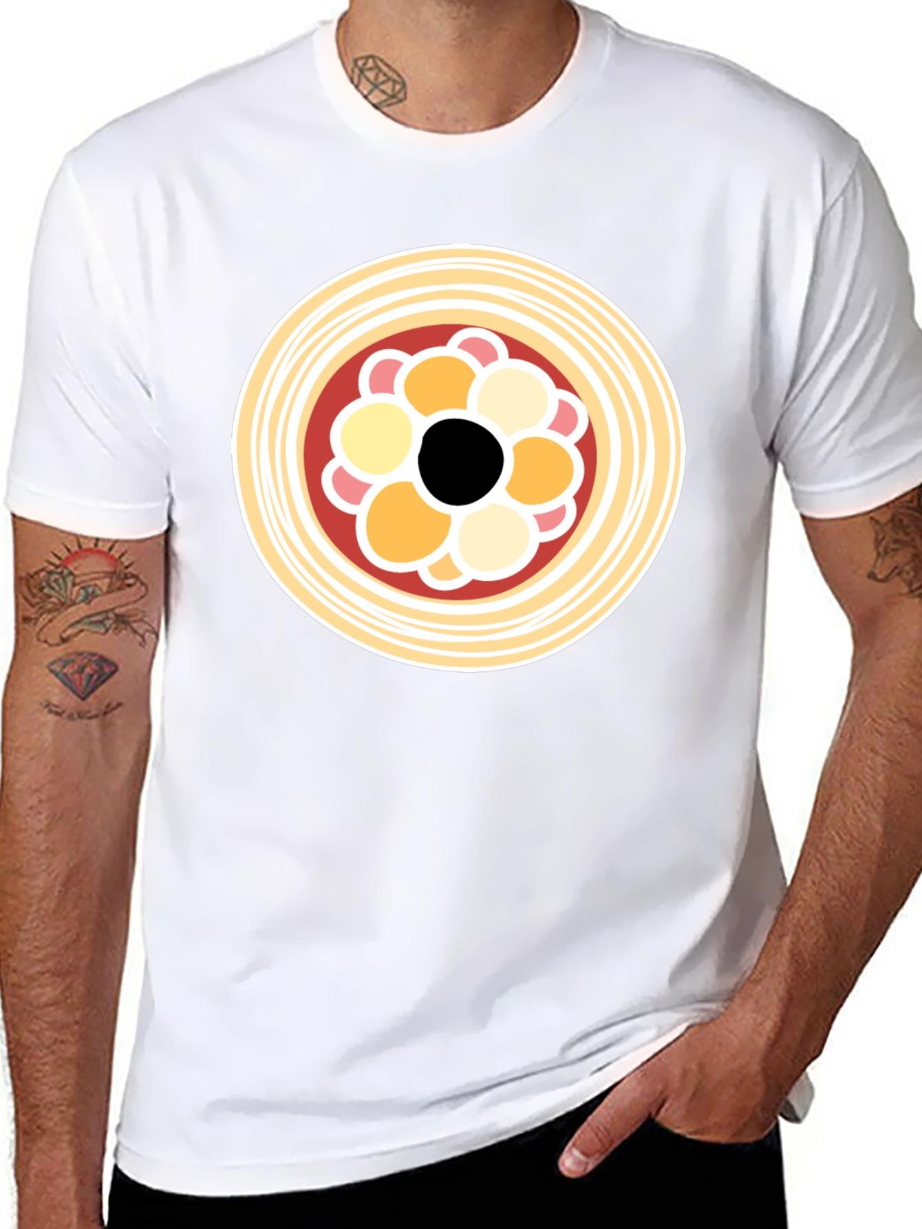 Black T-Shirt with Abstract Circle Food Graphic