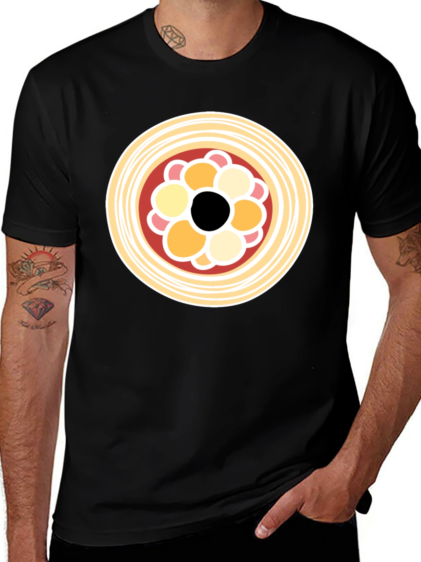 Black T-Shirt with Abstract Circle Food Graphic