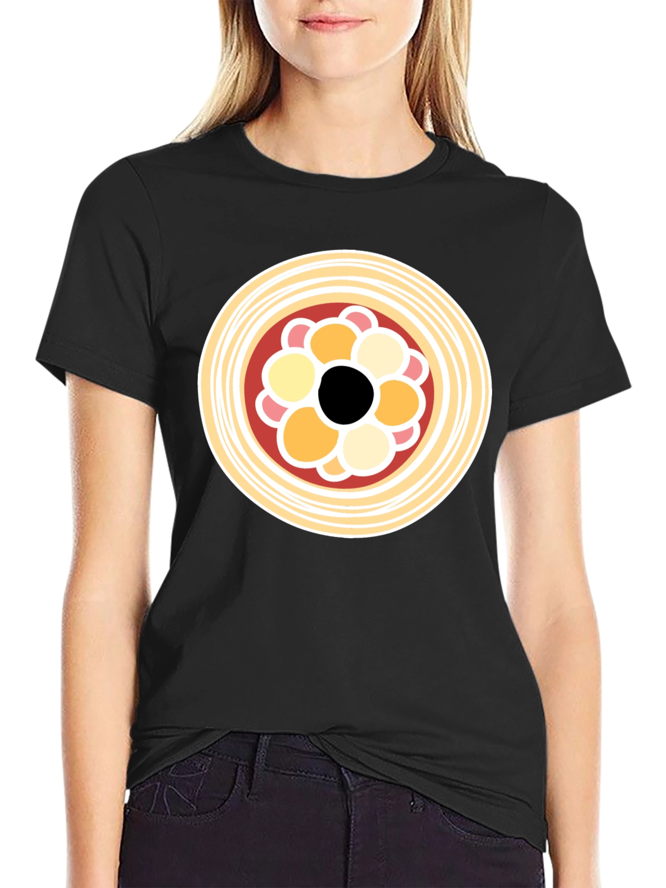 Black T-Shirt with Abstract Circle Food Graphic