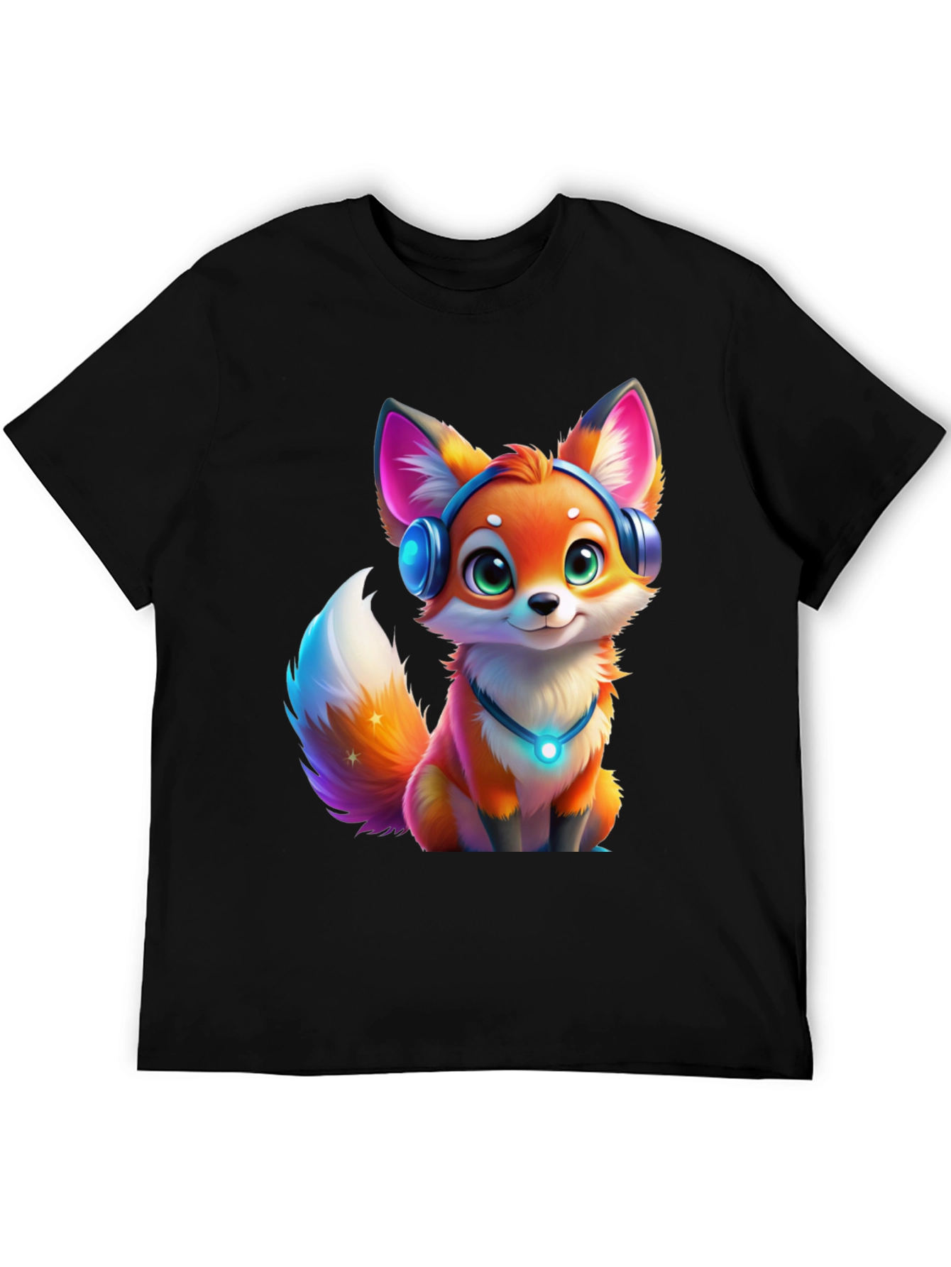 Cartoon Fox Headphones Black T-Shirt