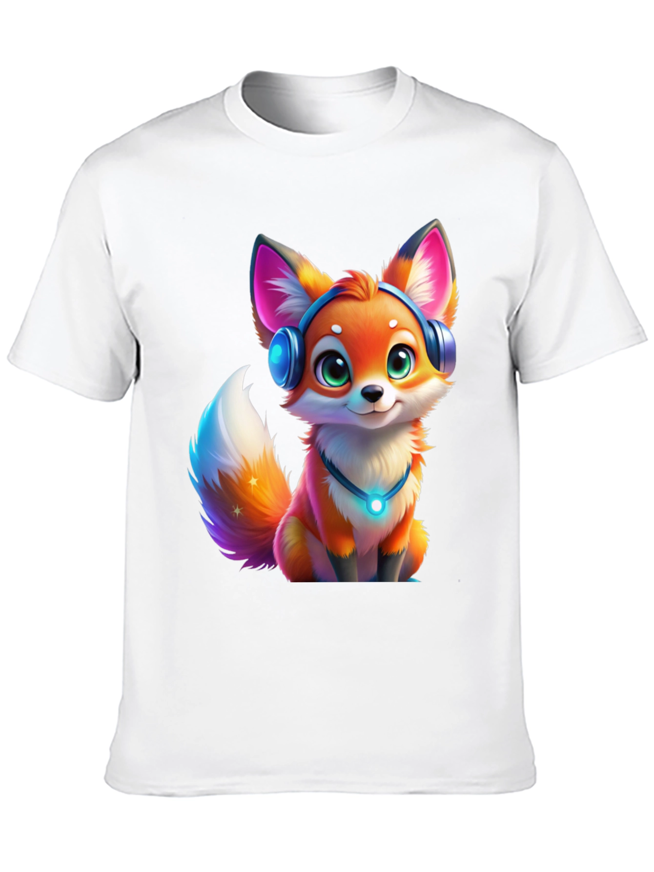 Cartoon Fox Headphones Black T-Shirt