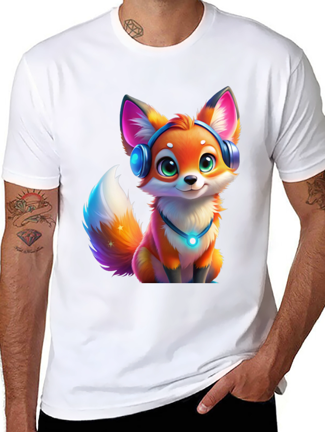 Cartoon Fox Headphones Black T-Shirt
