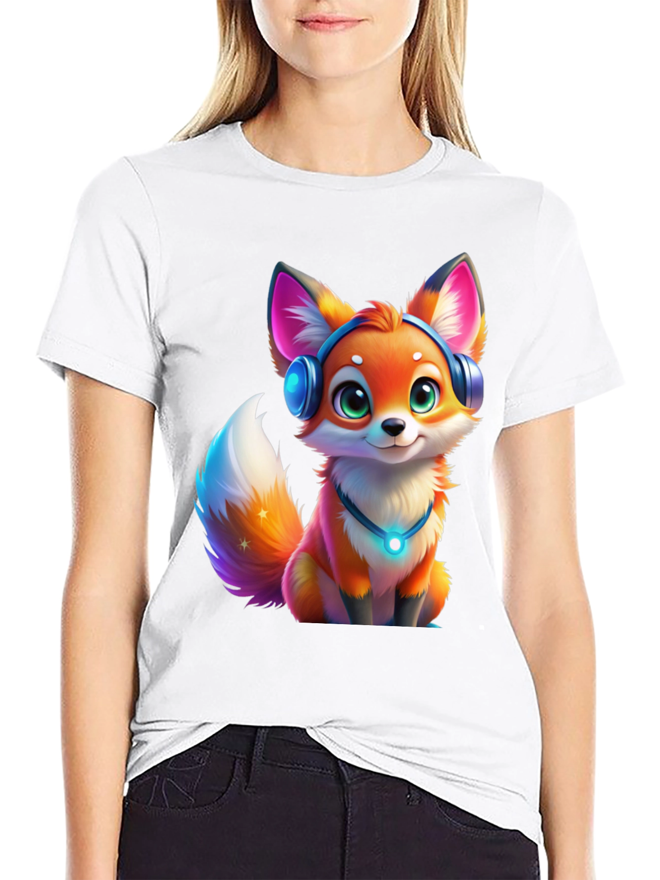 Cartoon Fox Headphones Black T-Shirt