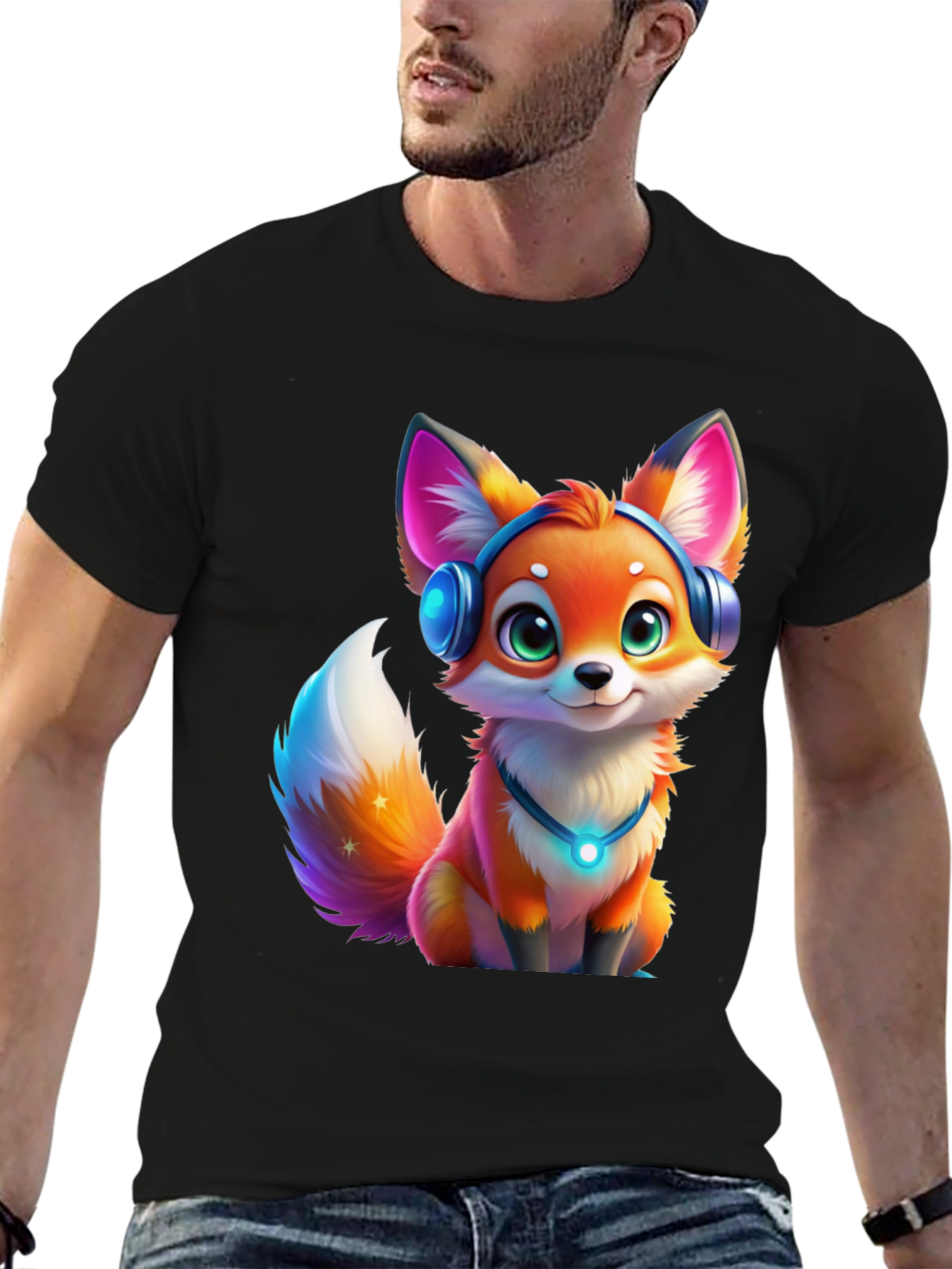 Cartoon Fox Headphones Black T-Shirt