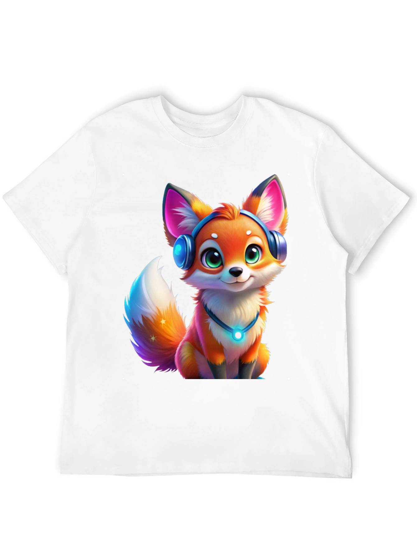 Cartoon Fox Headphones Black T-Shirt