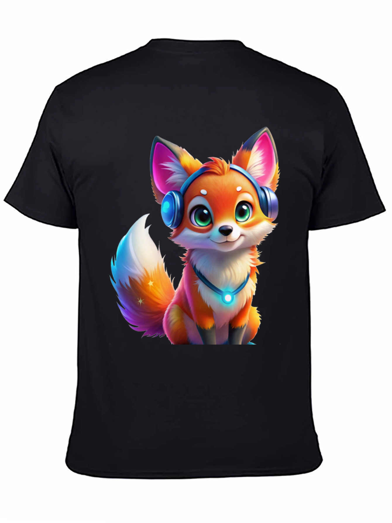Cartoon Fox Headphones Black T-Shirt