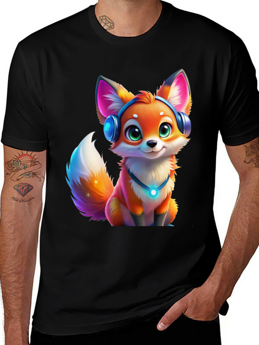 Cartoon Fox Headphones Black T-Shirt