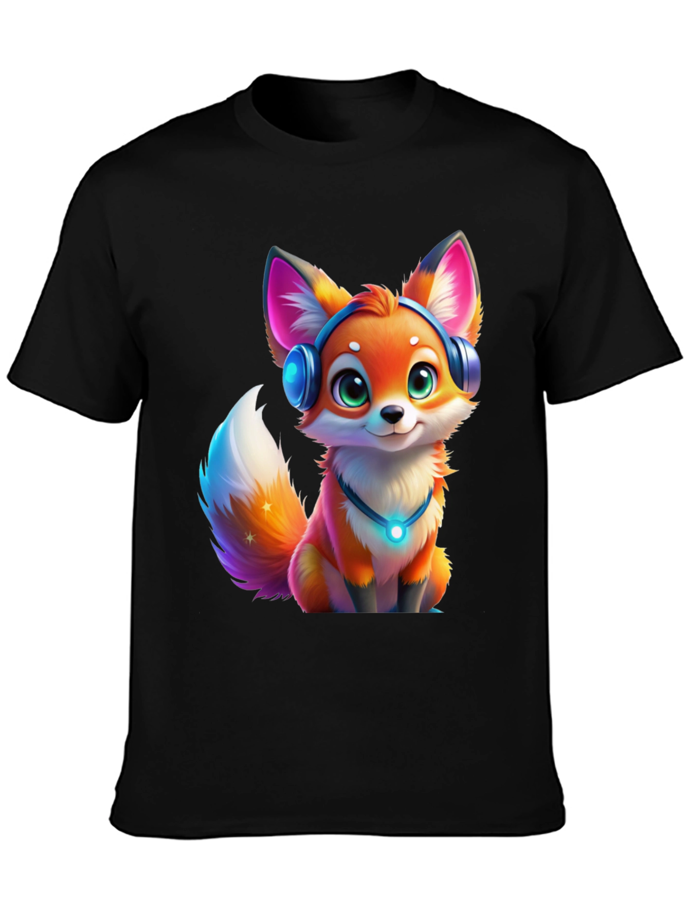 Cartoon Fox Headphones Black T-Shirt