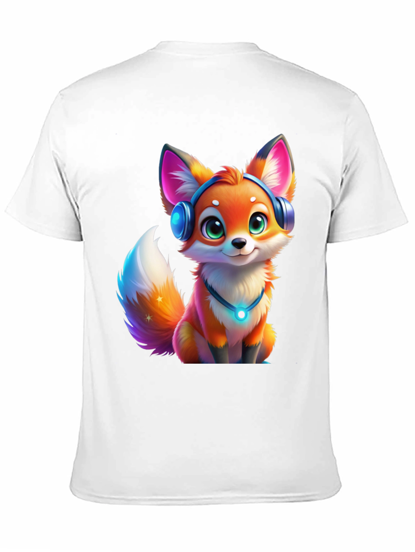 Cartoon Fox Headphones Black T-Shirt