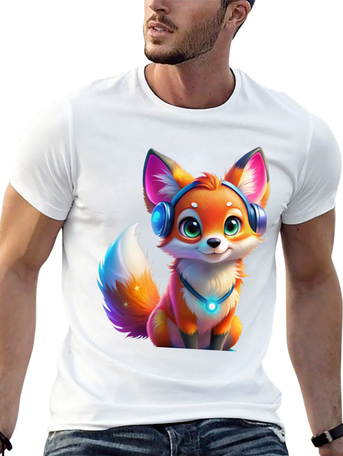 Cartoon Fox Headphones Black T-Shirt
