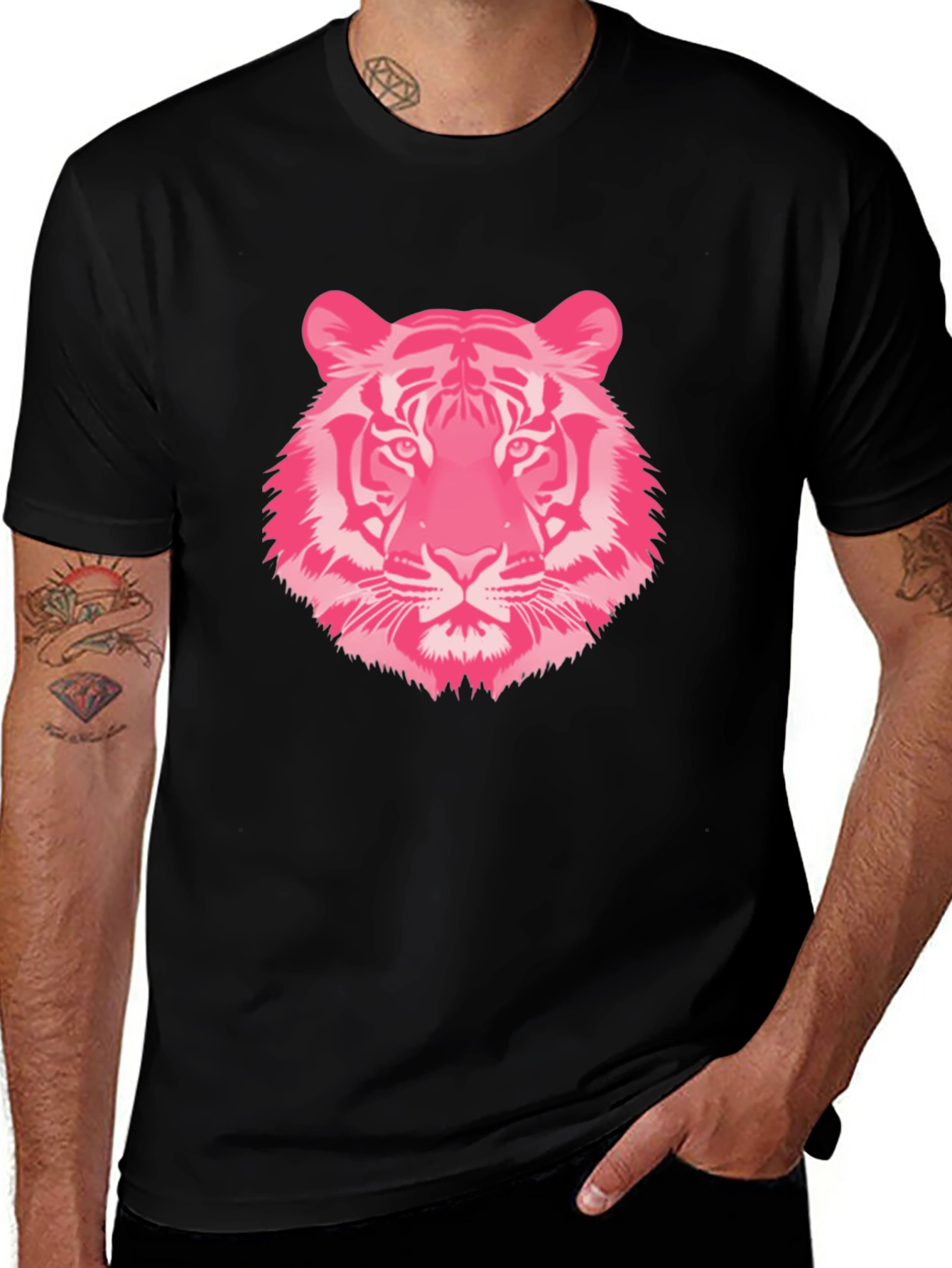 Pink Tiger Graphic Tee - Black Cotton T-Shirt