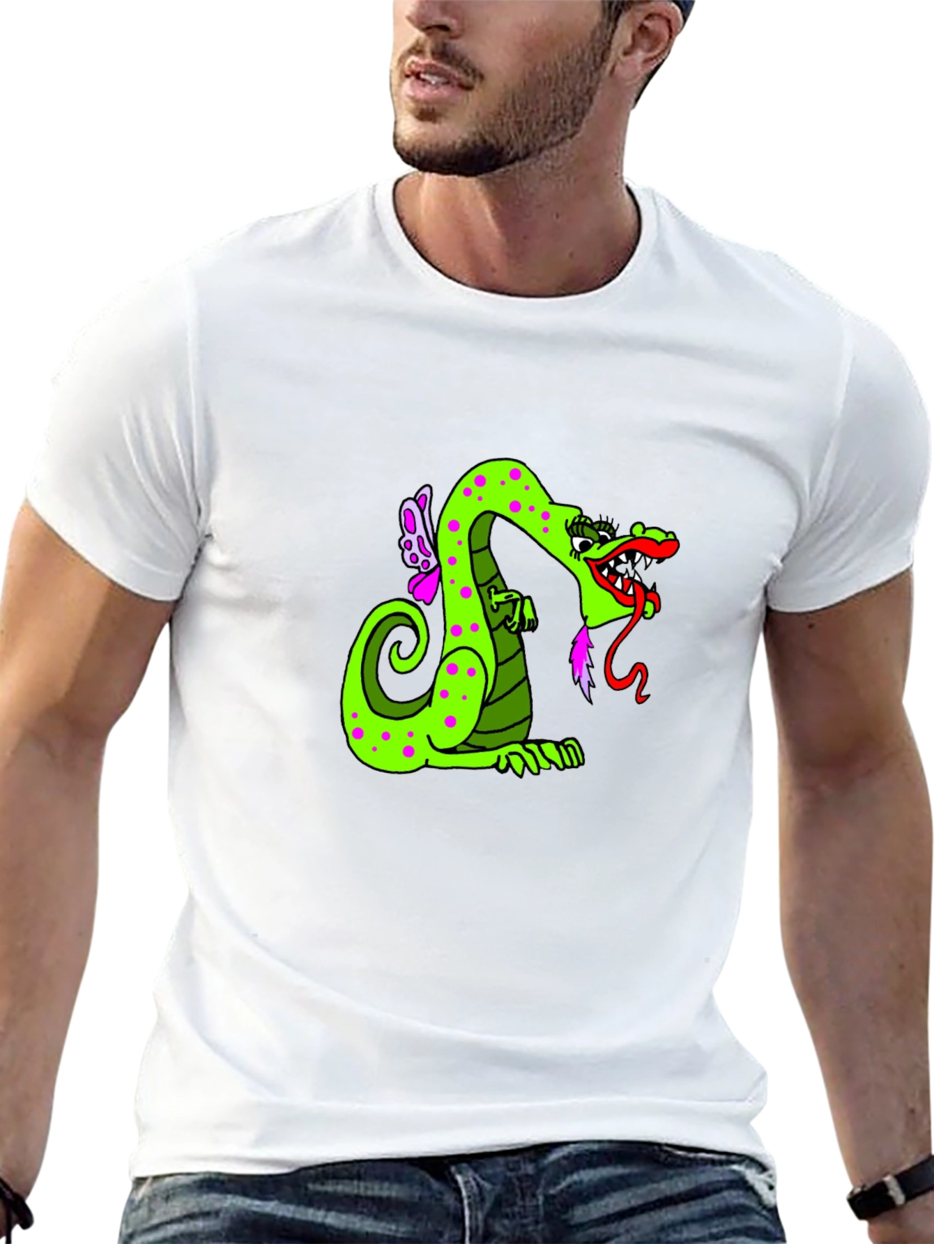 Green Dragon Cartoon Graphic Black T-Shirt